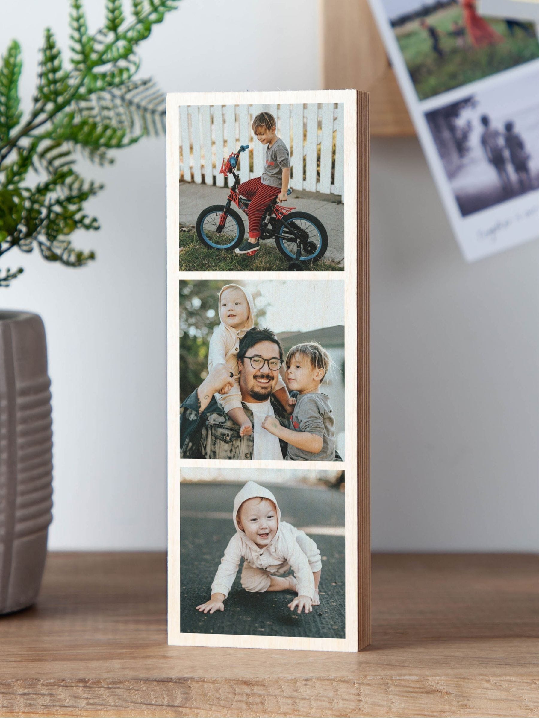 No Ordinary Gift personalised triple photo wooden block 6x17x1.7 cm, UK version