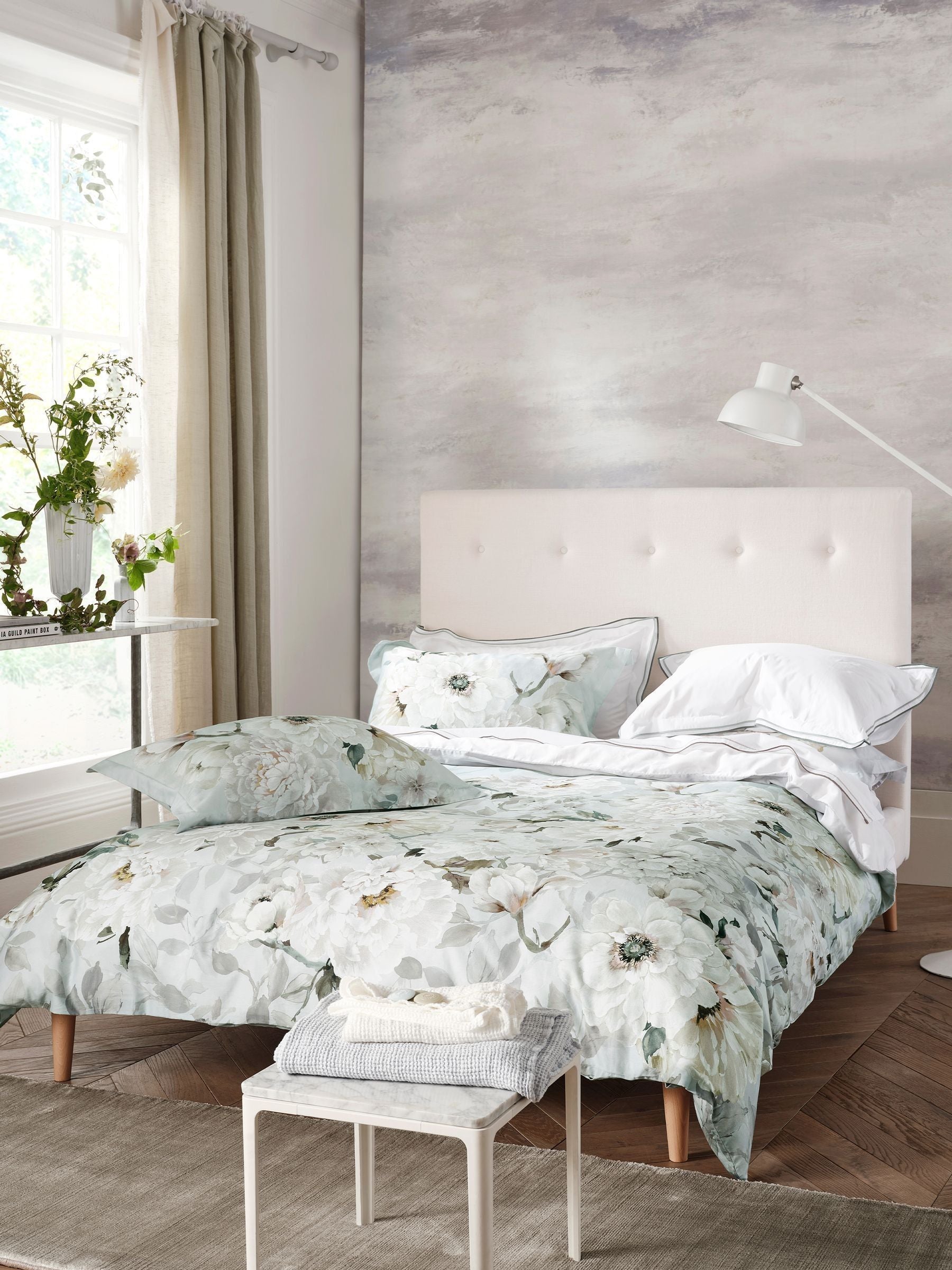 Designers Guild platinum silver Fleur Blanche pillowcase set, imported from the UK