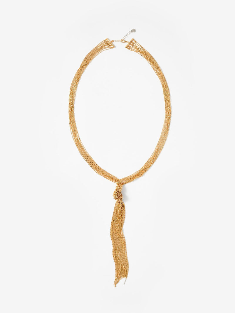 Mint Velvet gold tone long fringe knotted pendant, UK version