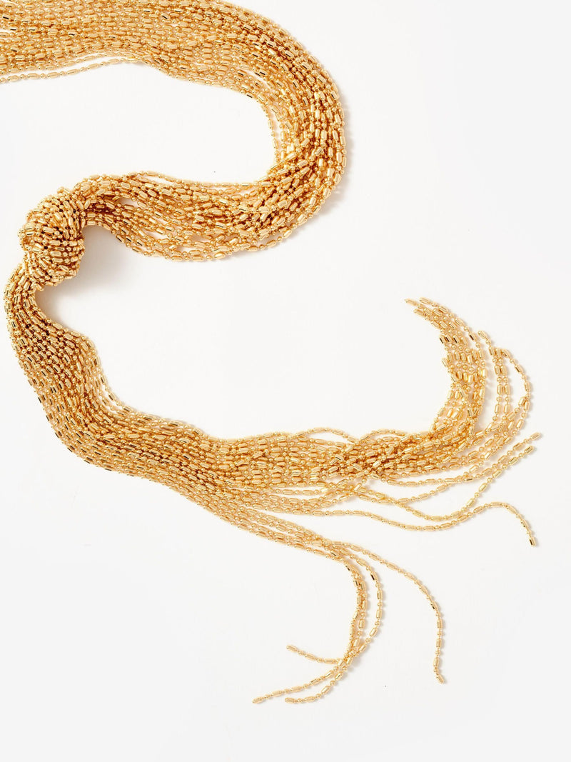 Mint Velvet gold tone long fringe knotted pendant, UK version