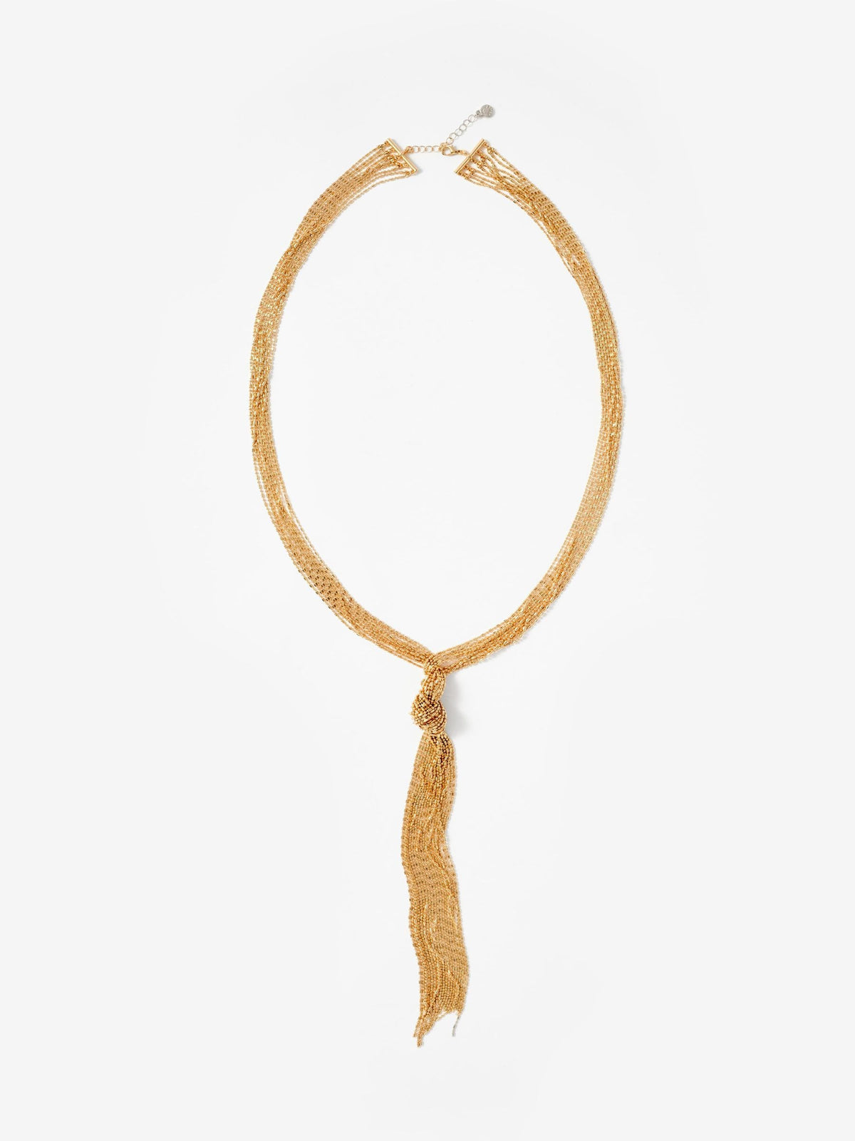Mint Velvet gold tone long fringe knotted pendant, UK version