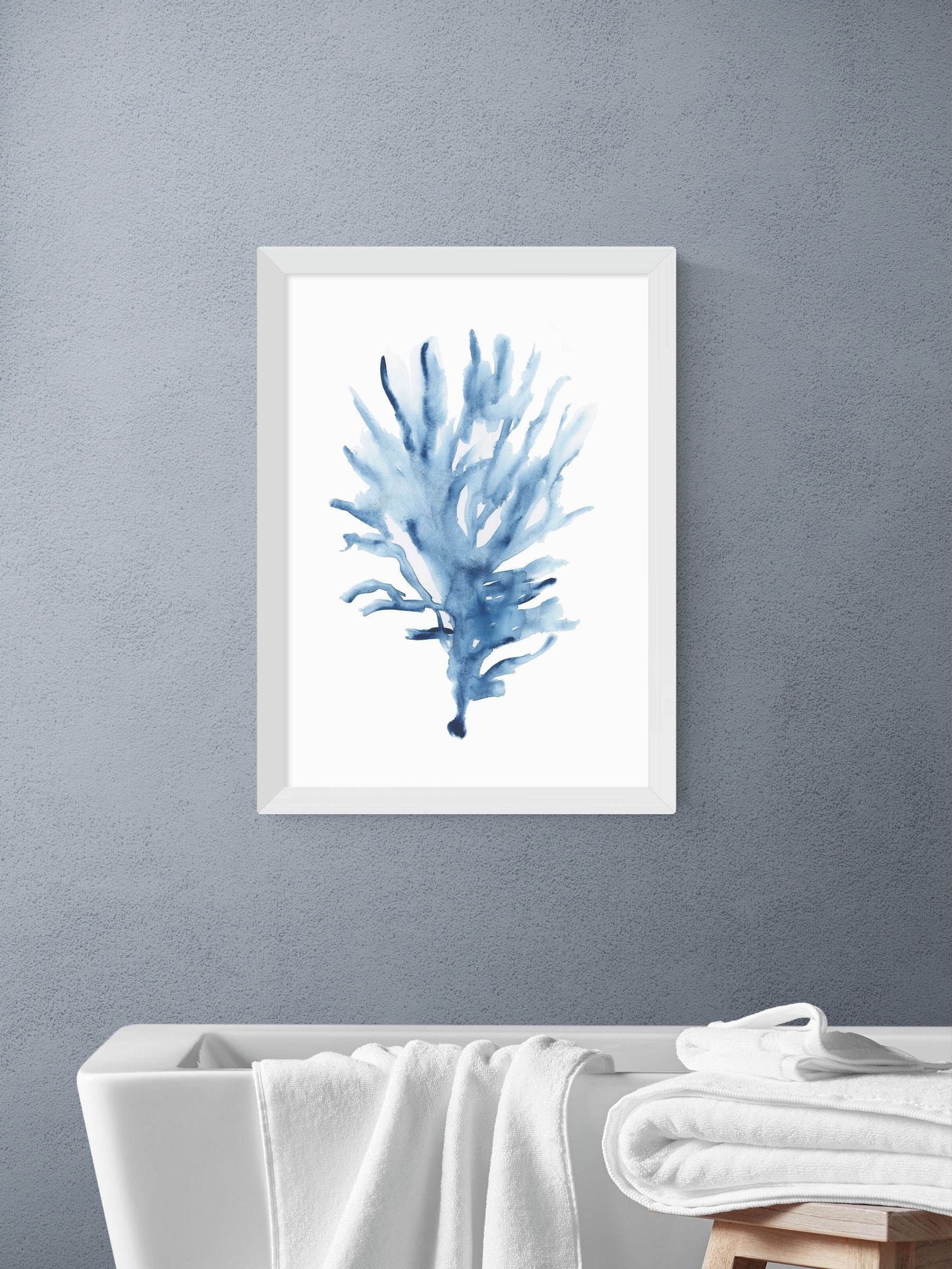 East End Prints White Blue Seaweed Wall Art Print by Cartissi