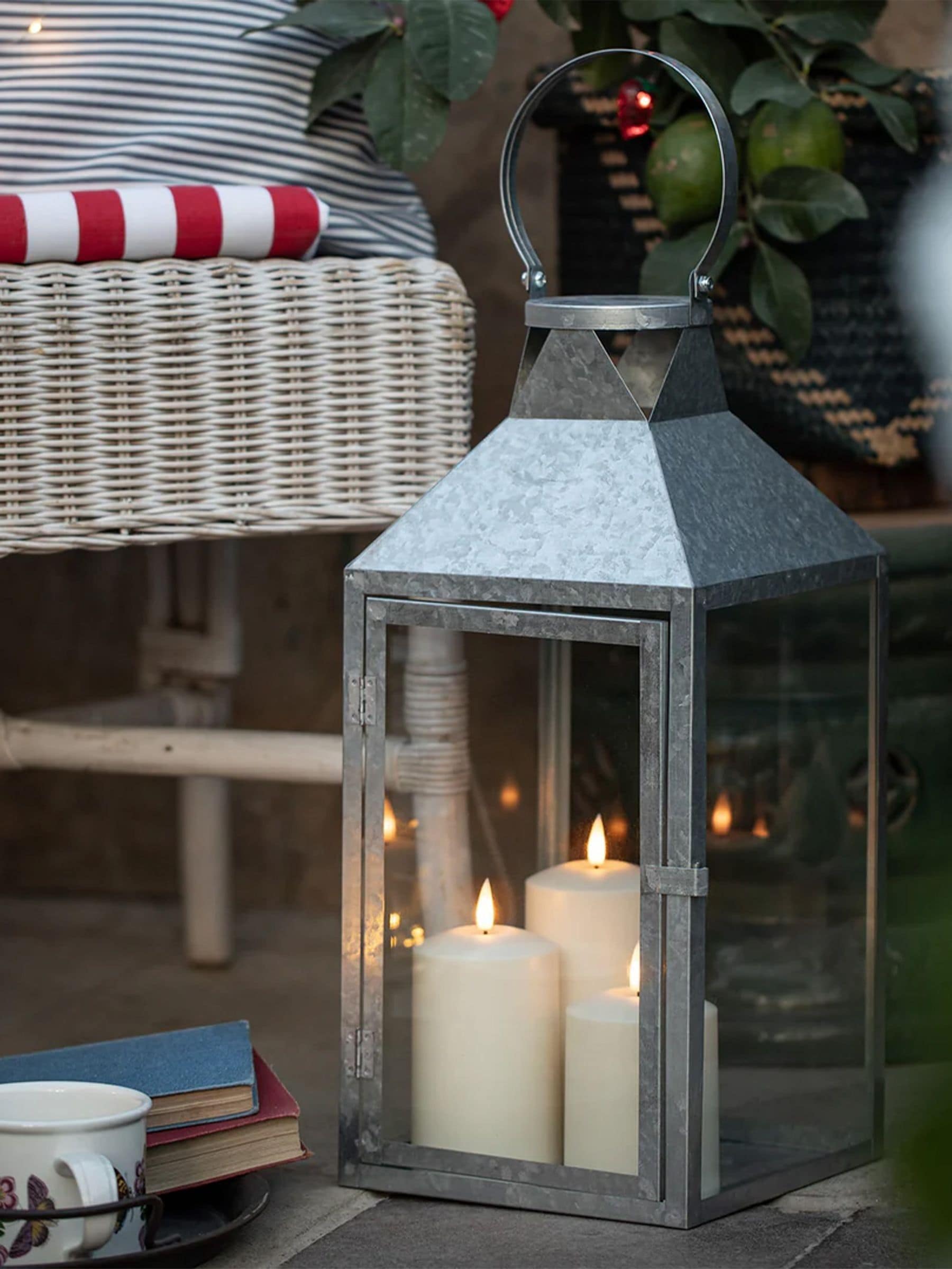 Lights4fun Silver Hayle large metal lantern with TruGlow candles - British product