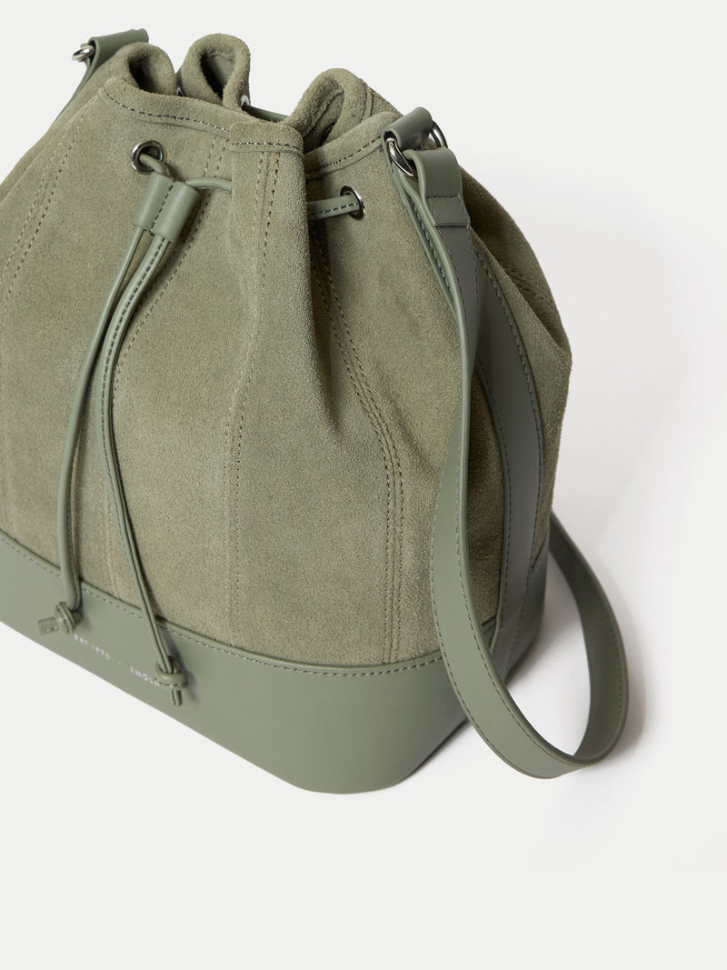Jigsaw dark green drawstring bucket bag (British brand)