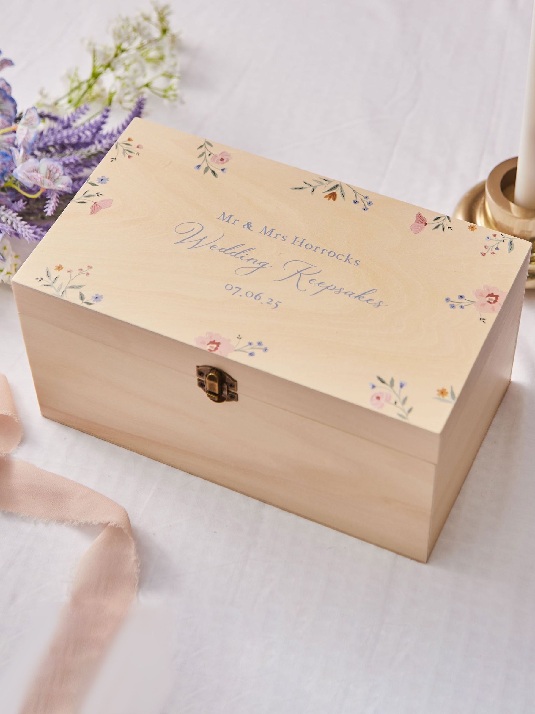Made Yours Natural wooden keepsake box wildflower design, imported from the UK