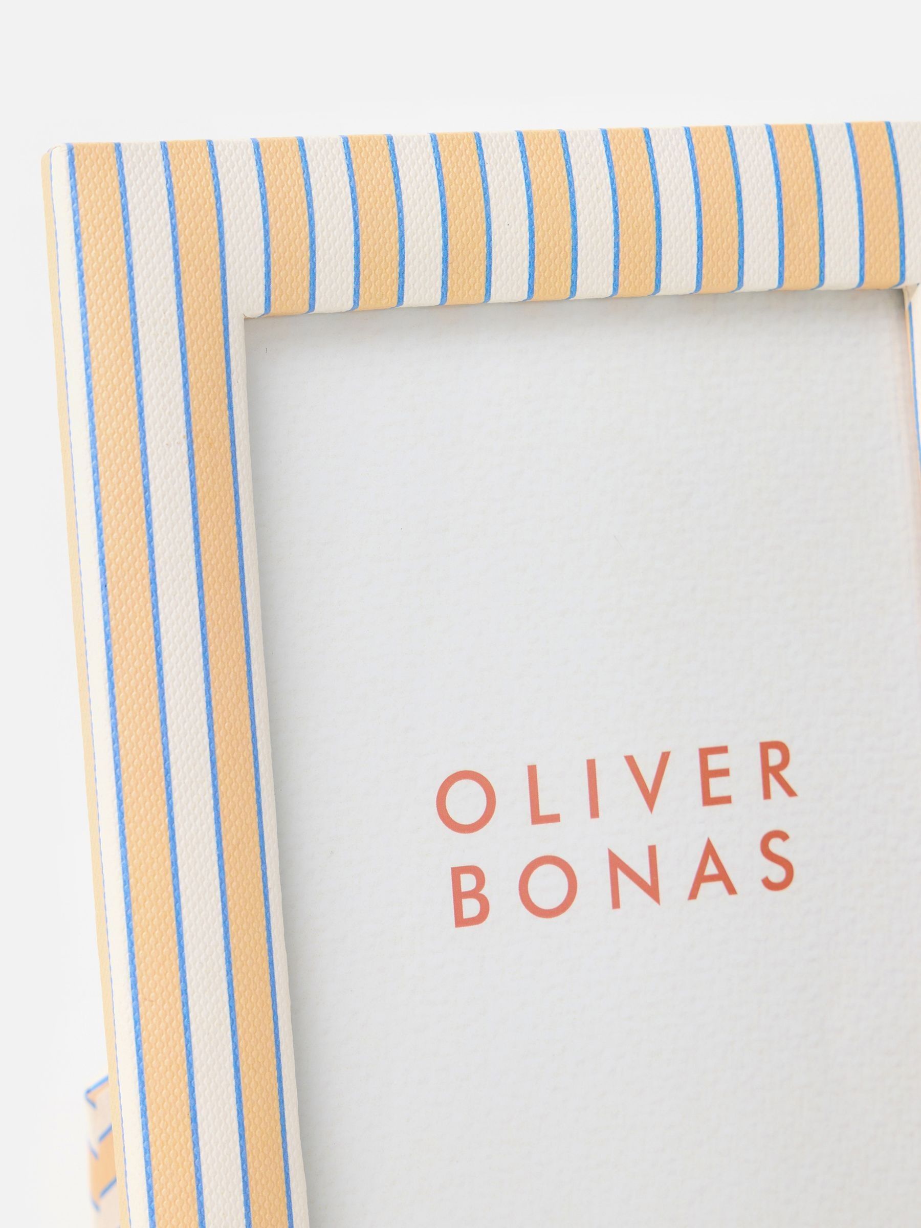 Oliver Bonas blue and orange pinstripe picture frame 5x7, imported from the UK