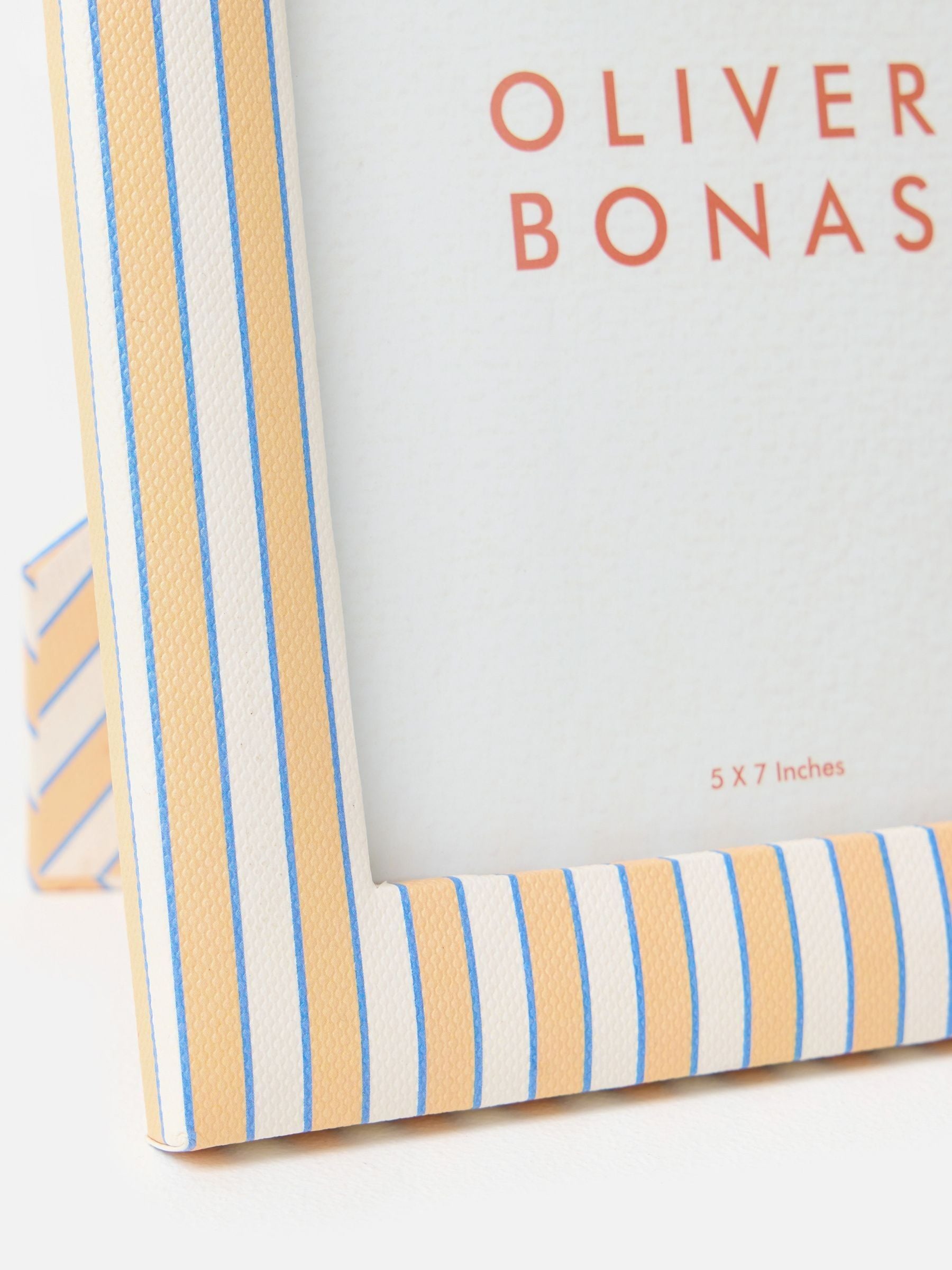 Oliver Bonas blue and orange pinstripe picture frame 5x7, imported from the UK