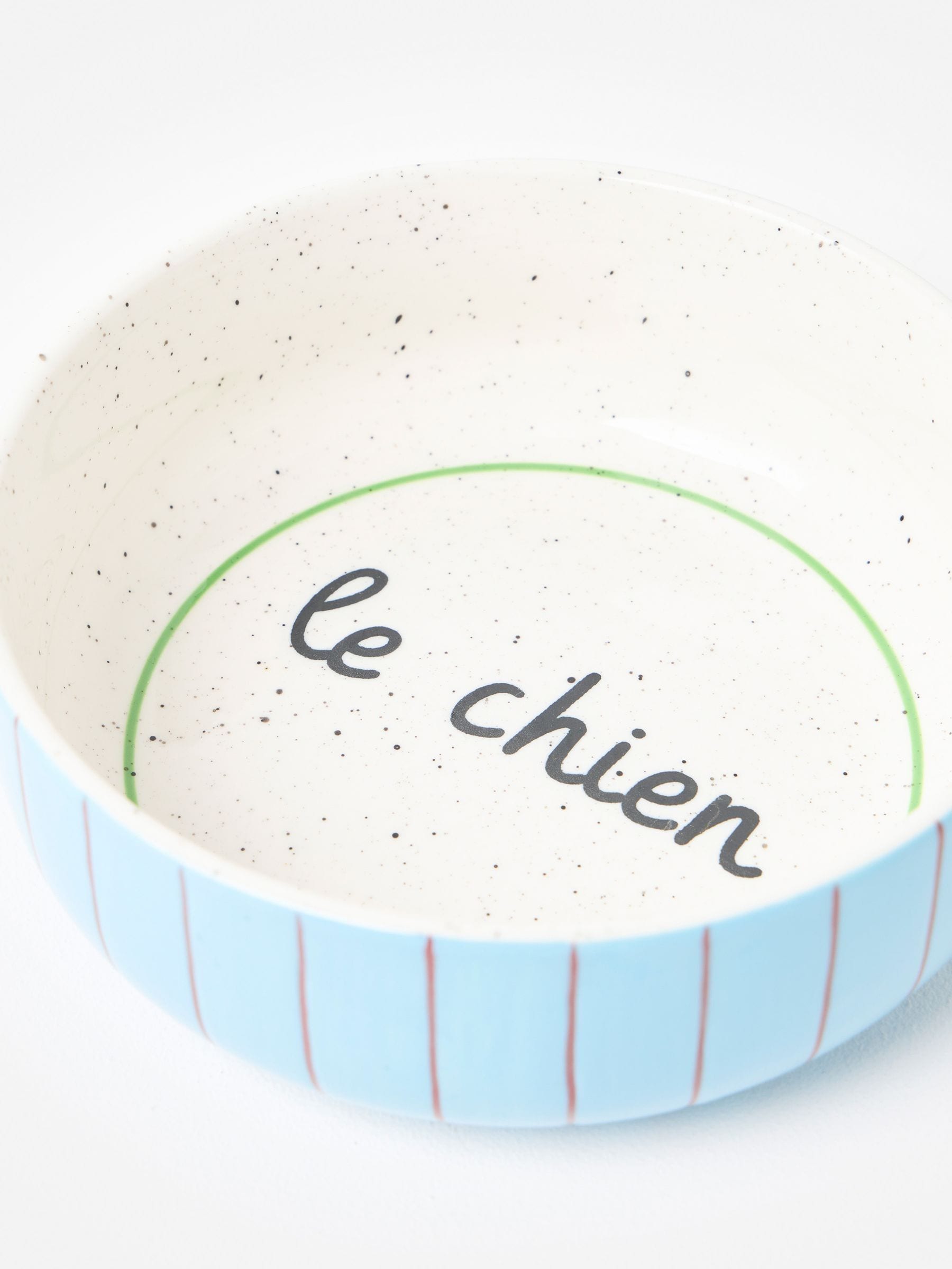 Oliver Bonas Le Chien ceramic pet bowl blue and red stripes (British brand)