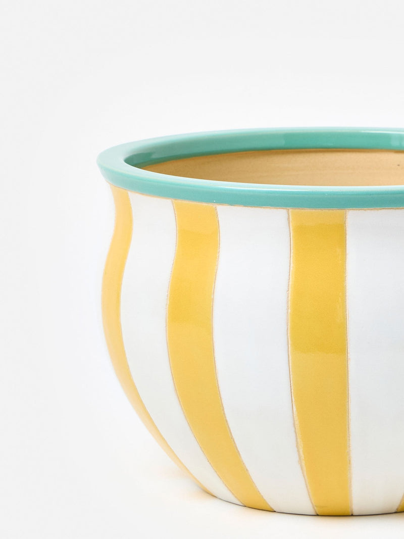 Oliver Bonas yellow striped ceramic plant pot 21cm, UK version