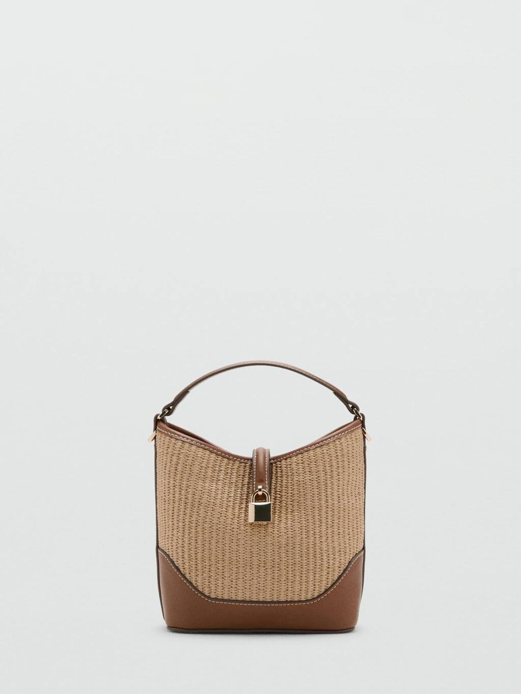 Mango Light Brown Straw Contrasting Canvas Bucket Cross-Body Bag