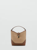 Mango Light Brown Straw Contrasting Canvas Bucket Cross-Body Bag