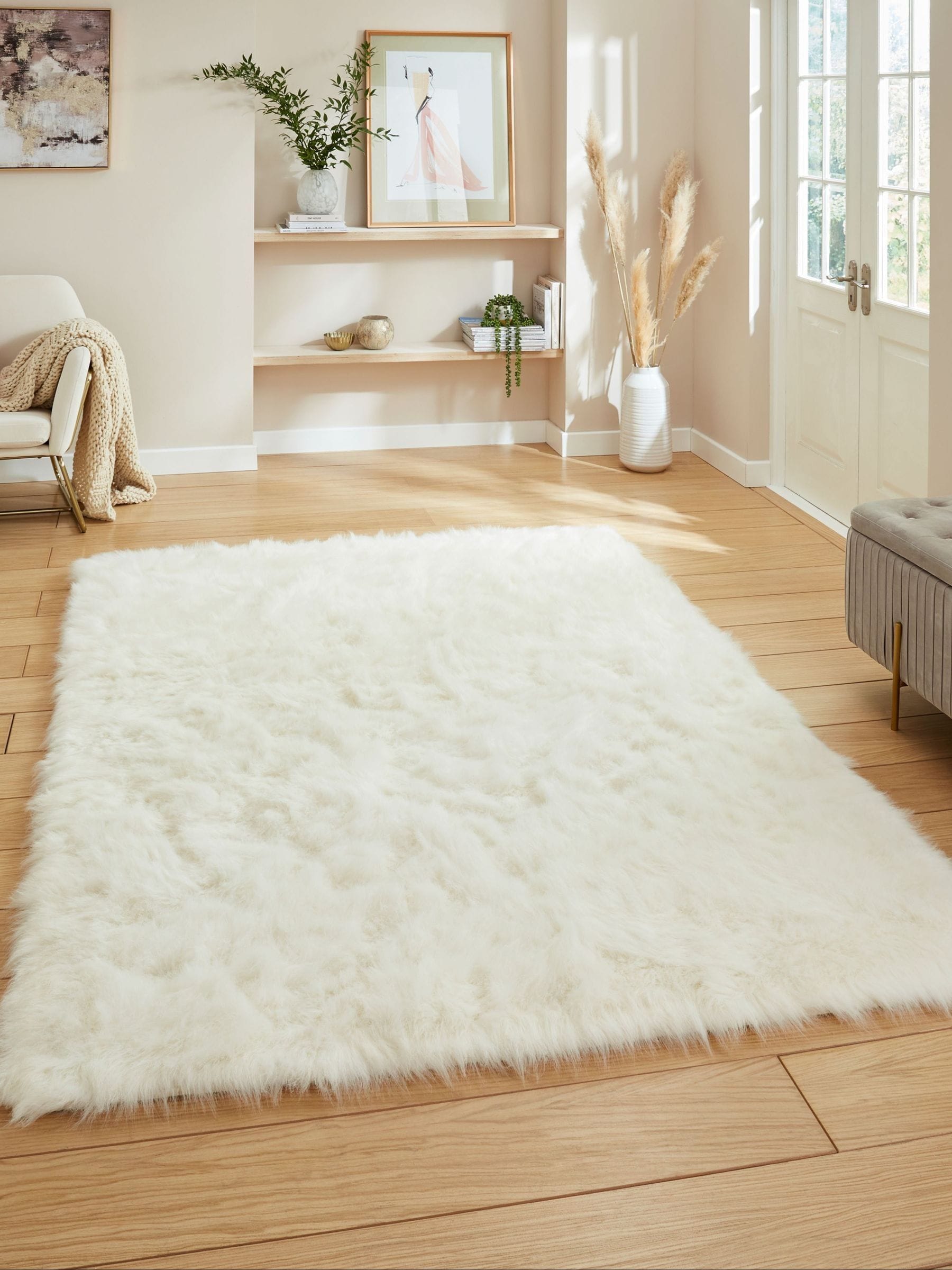 Think Rugs Ivory Polar Plush Plain Shaggy Rug