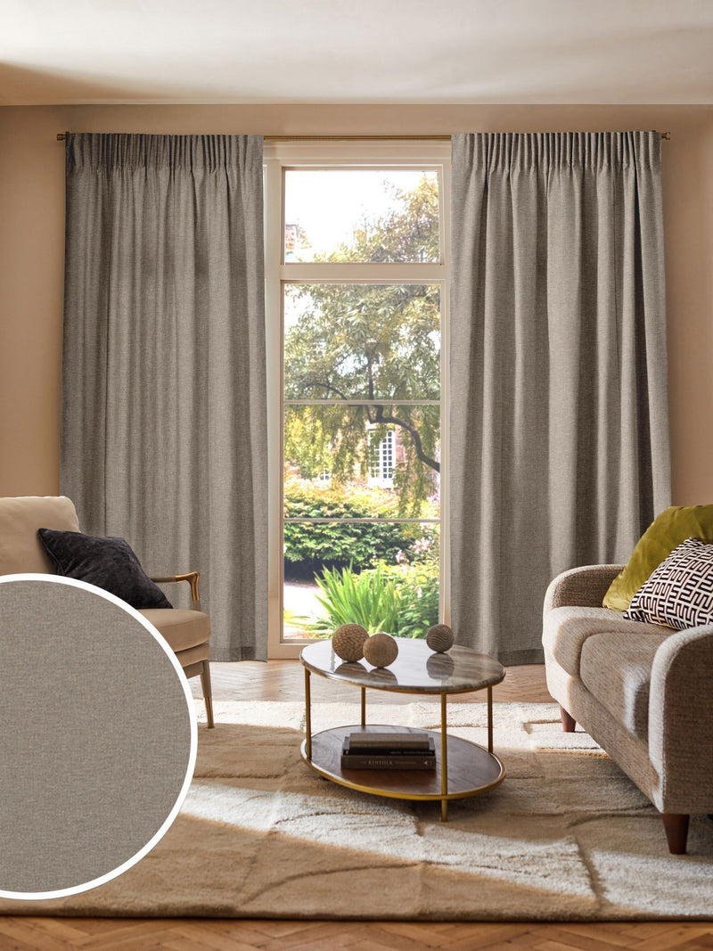 Heyburn made to measure curtains in fawn brown, neutral plain design - British product
