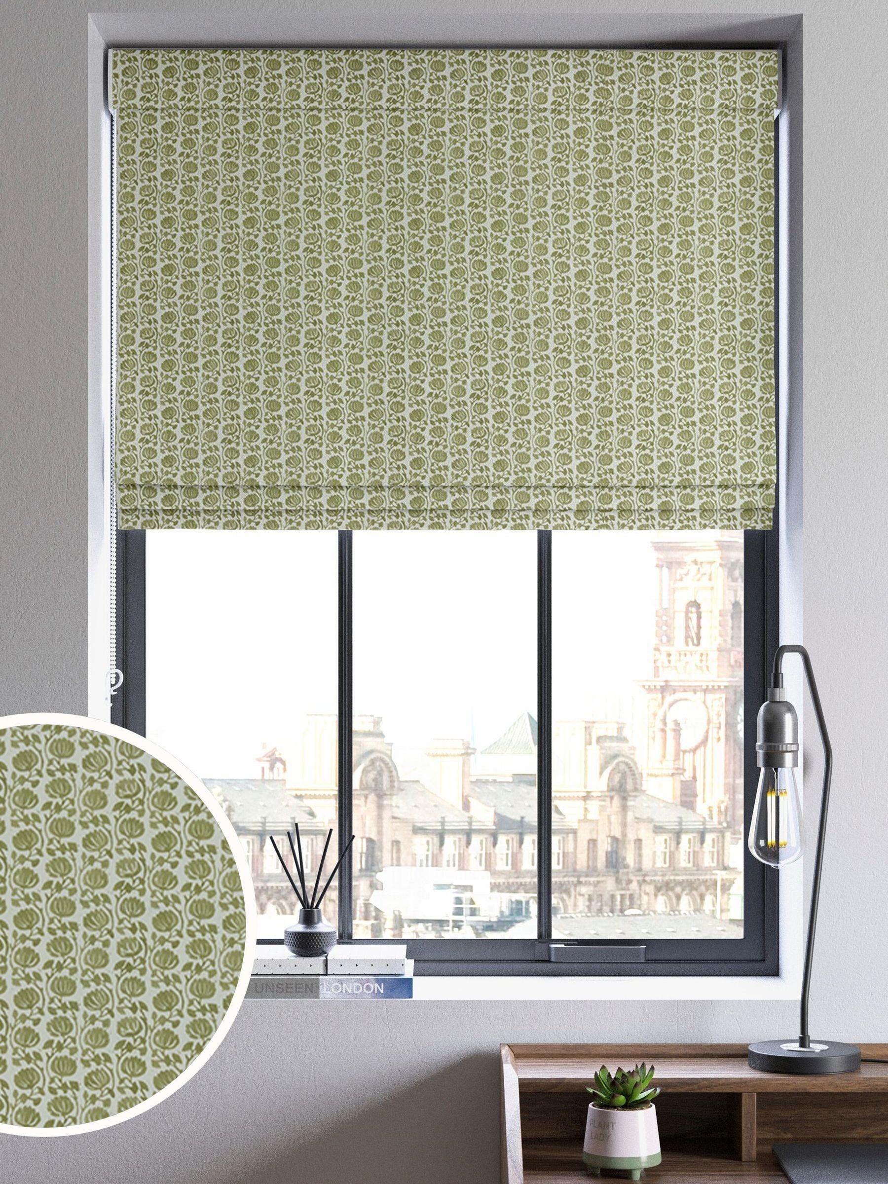 Roman blind Eliza olive green pattern - British product