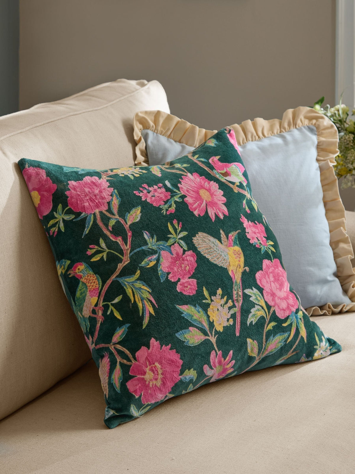 Wylder teal green aviary cotton velvet cushion 50x50, UK version