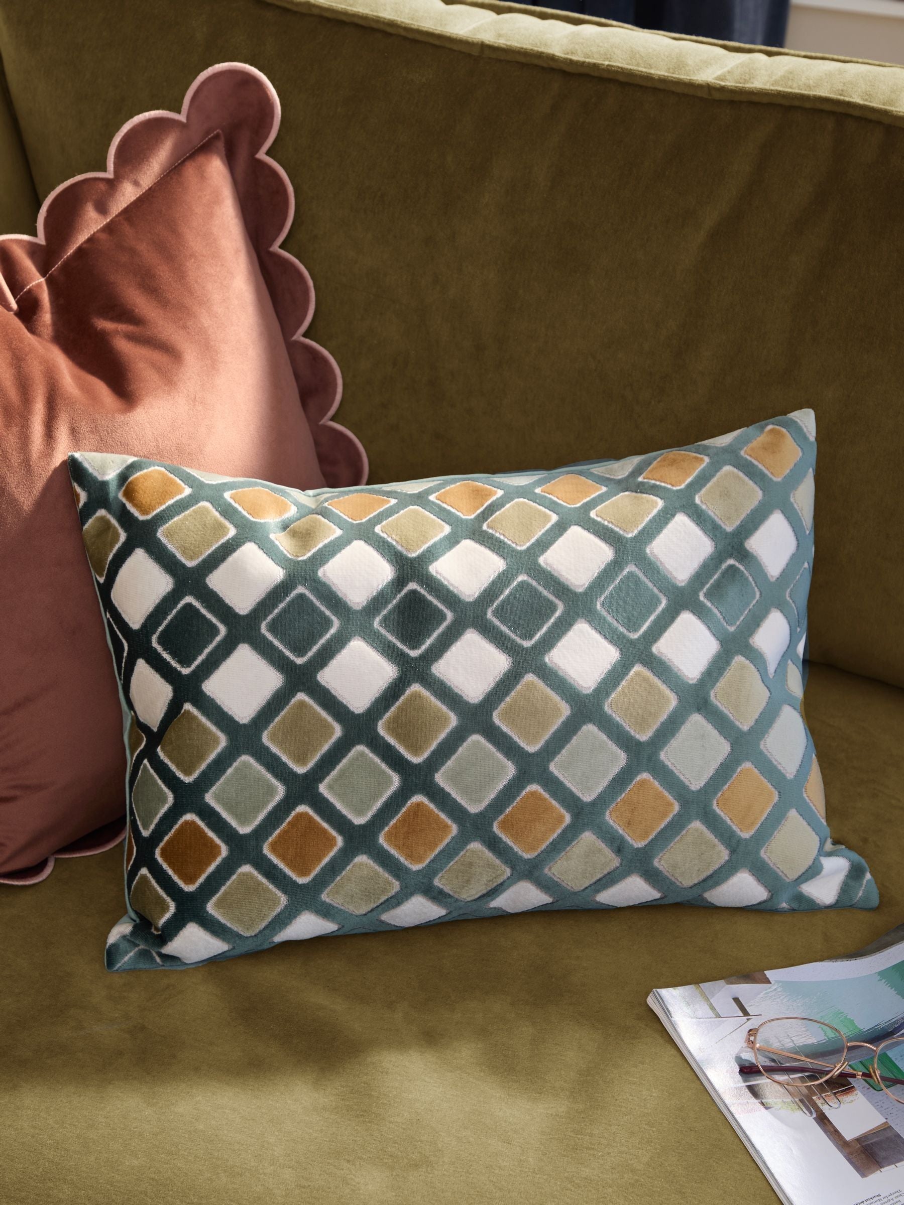 Furn Green Metro Diamond velvet feather filled cushion 30x50, UK version