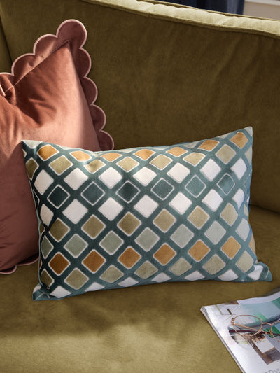Next Furn Green Metro Diamond Velvet Feather Filled Cushion 30x50cm- Buy online at McGrocer