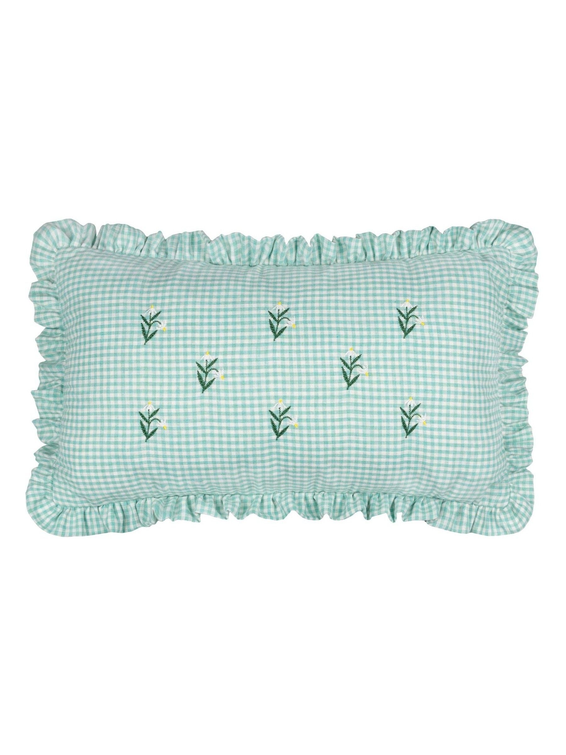 Furn Green Les Petite Fleurs cushion gingham ruffle 30x50cm (British brand)