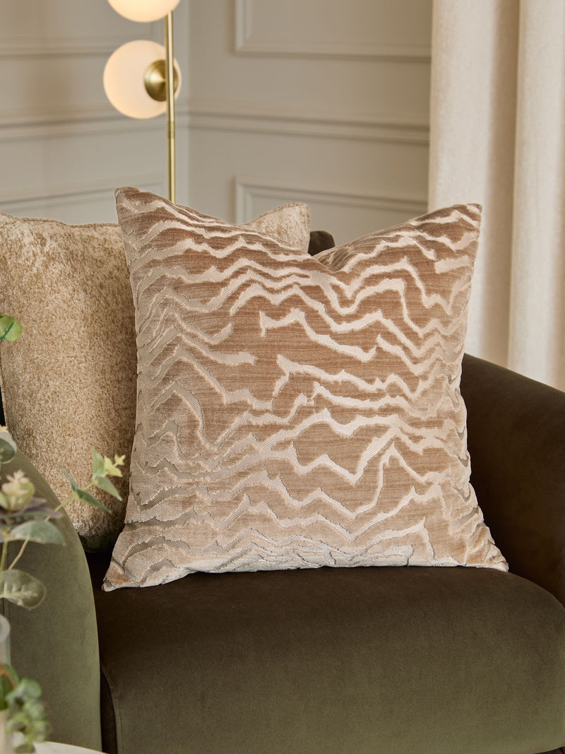 Paoletti taupe Tierra cut velvet cushion 50x50cm, imported from the UK
