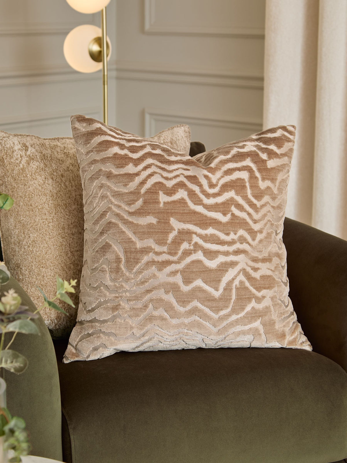 Paoletti taupe Tierra cut velvet cushion 50x50cm, imported from the UK