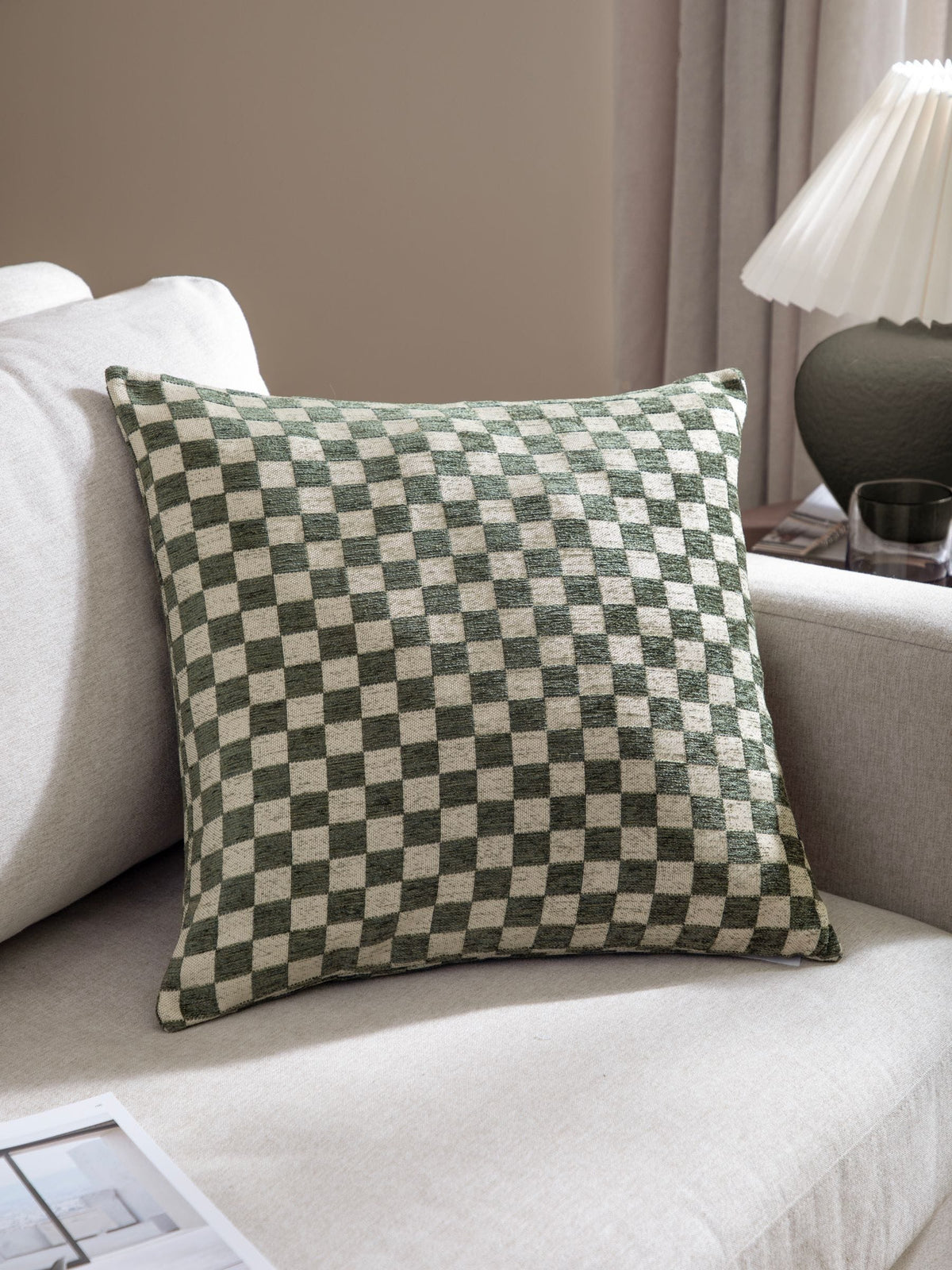 HÖEM cushion smoke green checkerboard chenille 45x45, UK version
