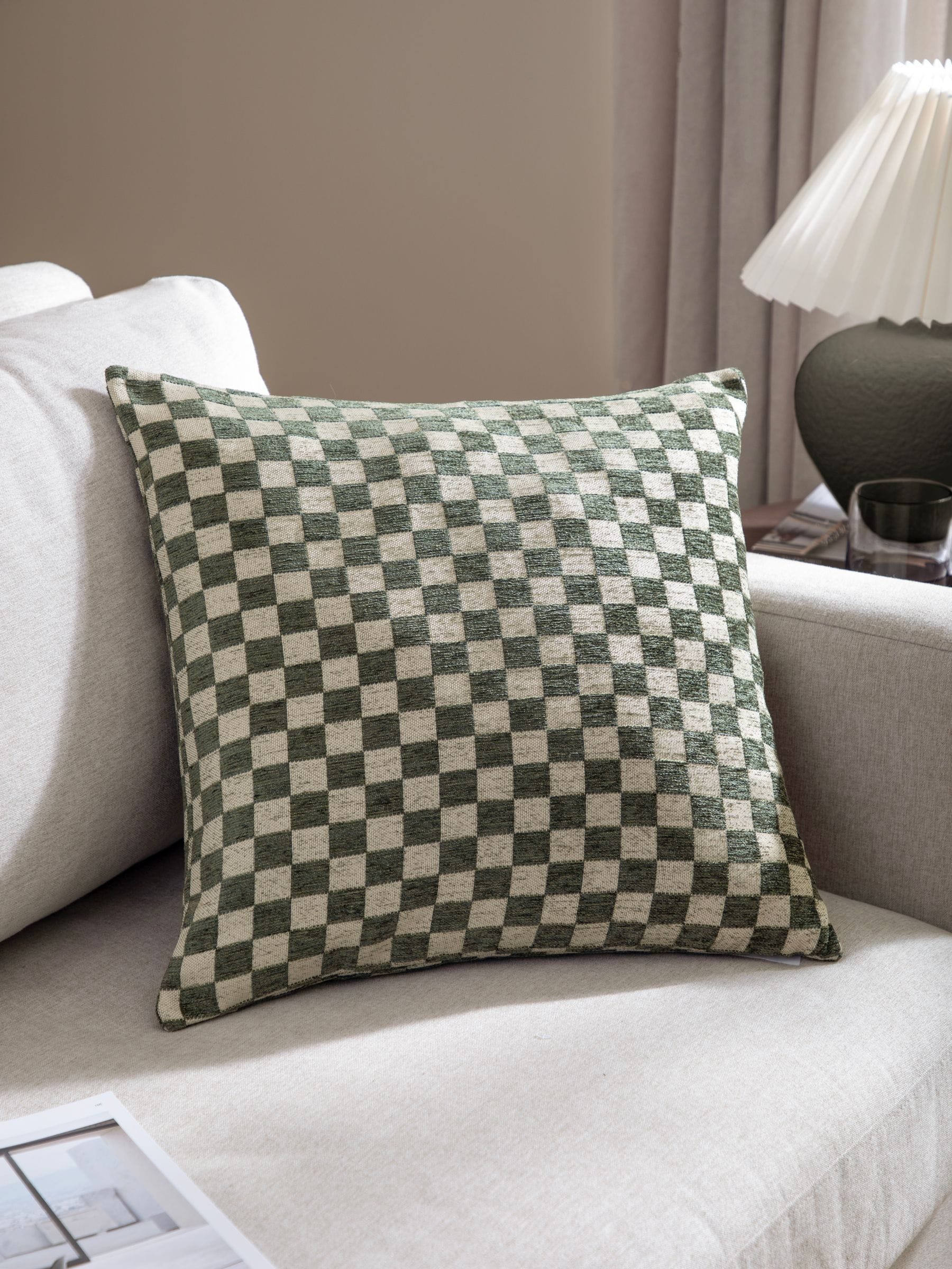 HÖEM smoke green chenille checkerboard cushion 45x45 (British brand)
