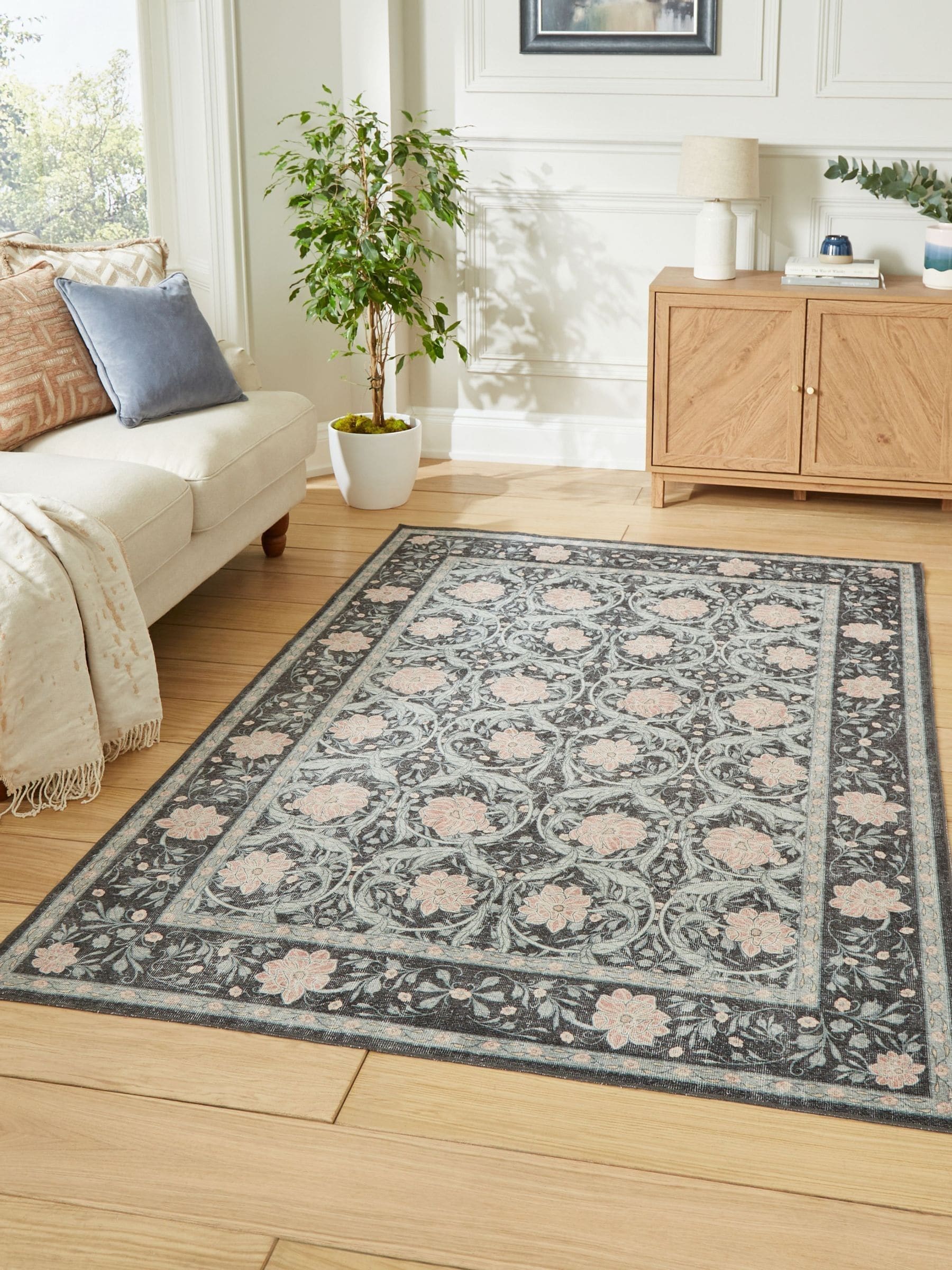 Think Rugs Dark Blue Versailles floral rug, imported from the UK