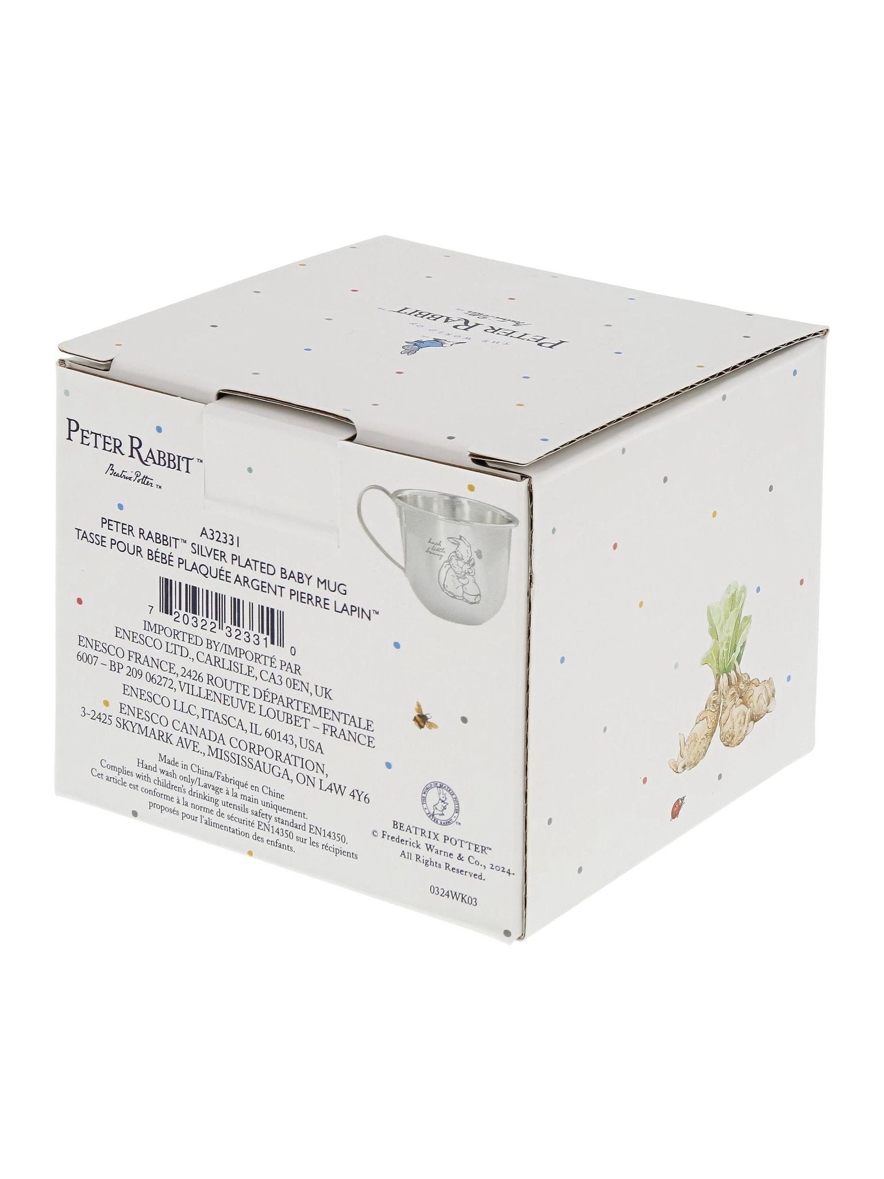 Beatrix Potter Peter Rabbit silver christening mug, UK version