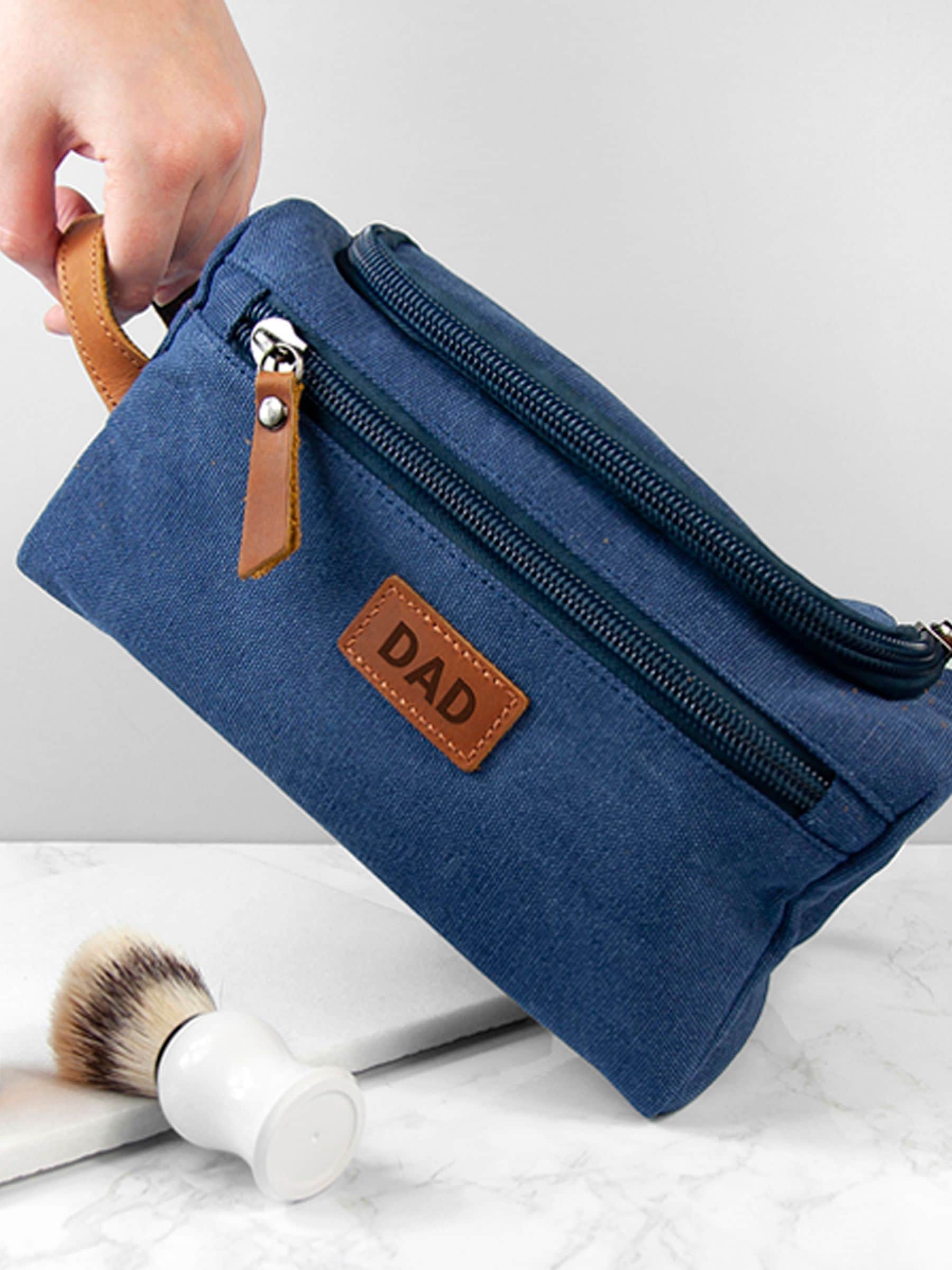 Treat Republic personalised denim washbag with initials, imported from the UK