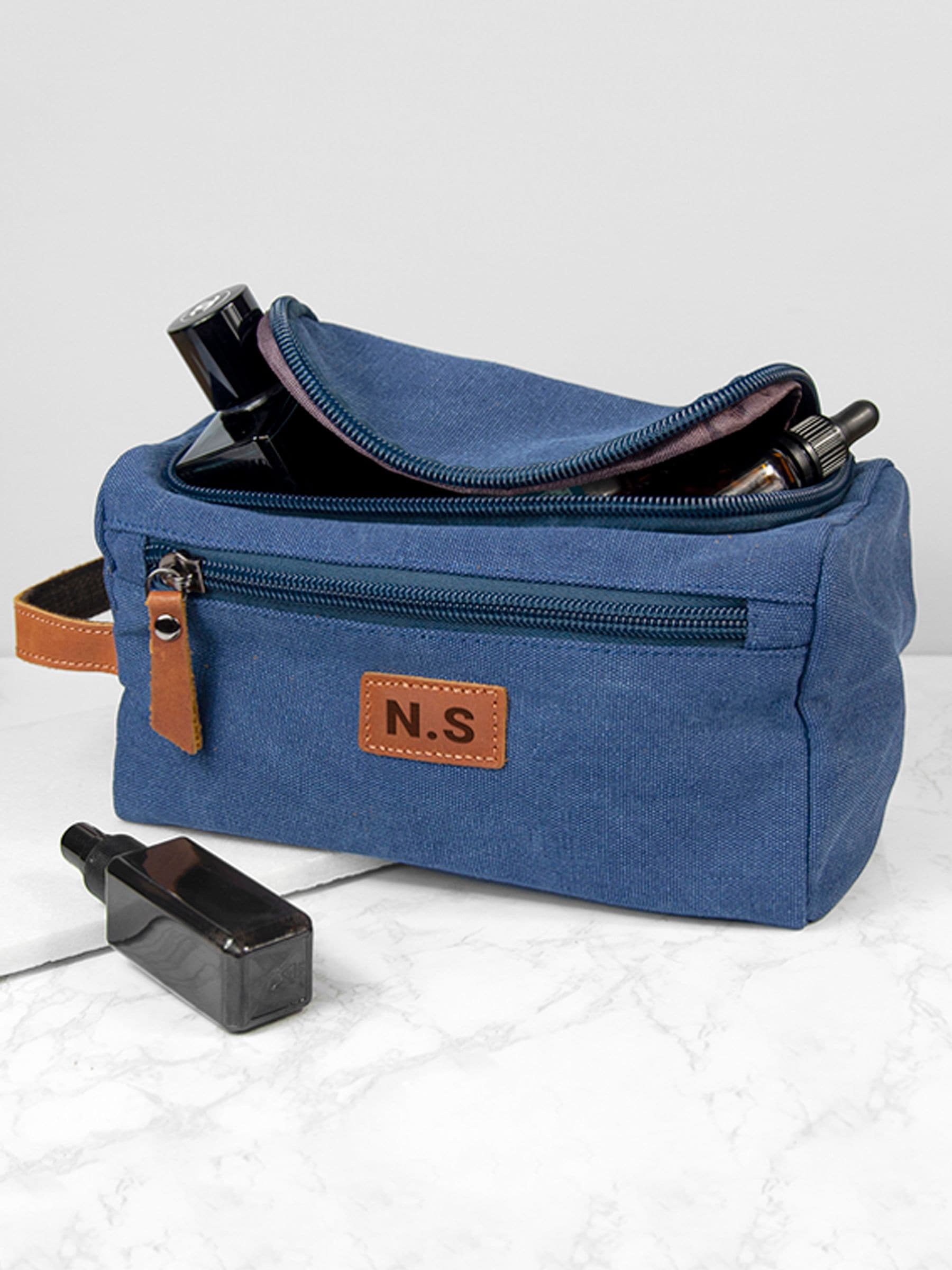 Treat Republic personalised denim washbag with initials, imported from the UK