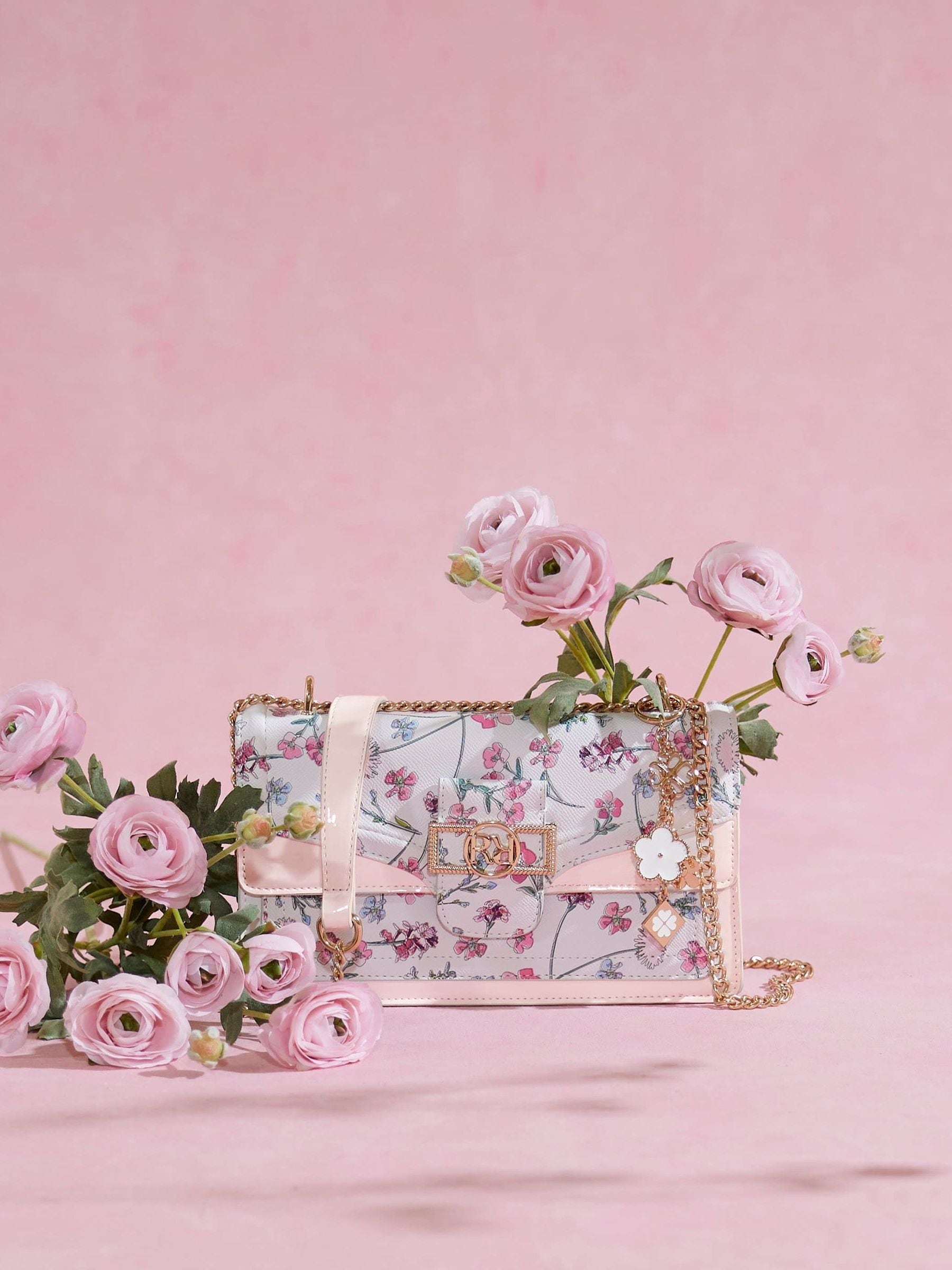 River Island cream ditsy floral panelled shoulder bag, imported from the UK