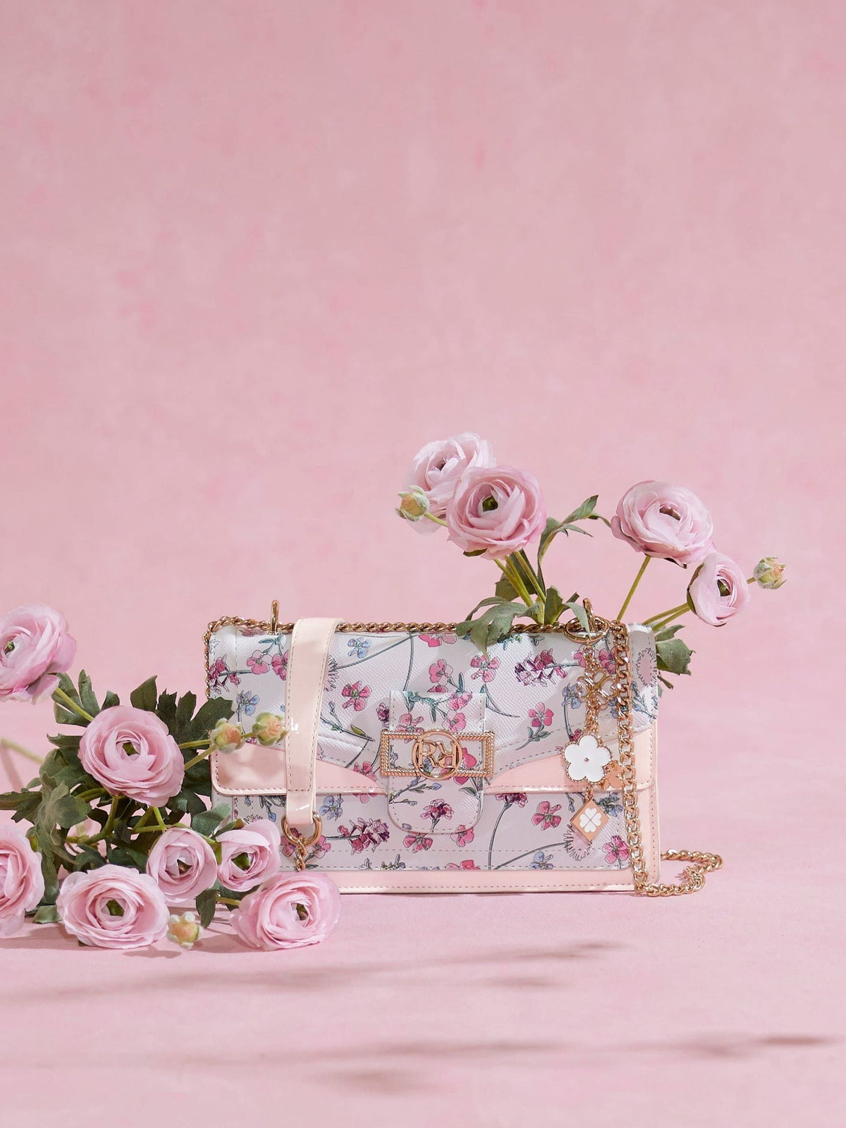 River Island cream ditsy floral panelled shoulder bag, imported from the UK