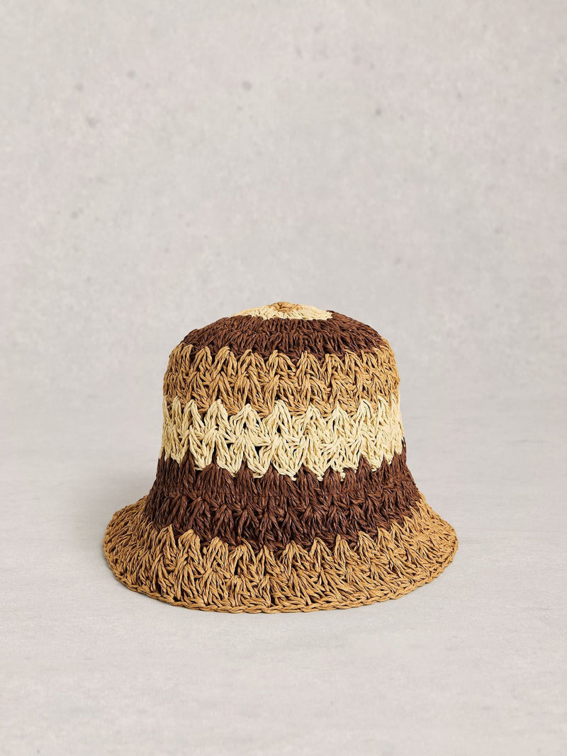 White Stuff brown block stripe bucket hat, imported from the UK