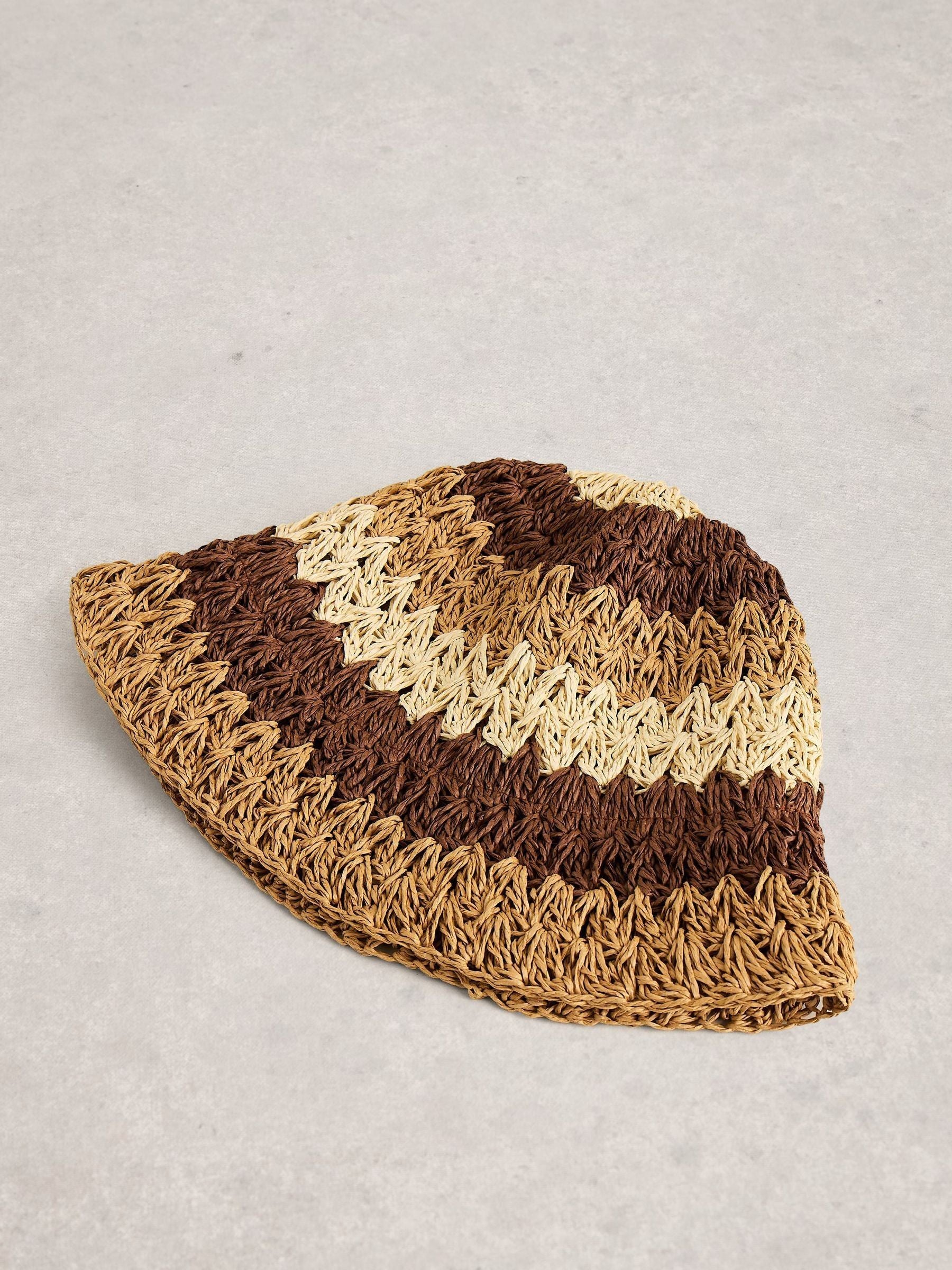 White Stuff brown block stripe bucket hat, imported from the UK