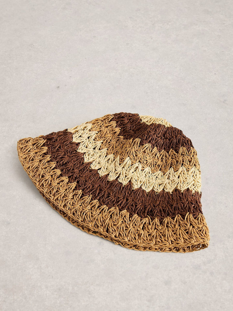 White Stuff brown block stripe bucket hat, imported from the UK