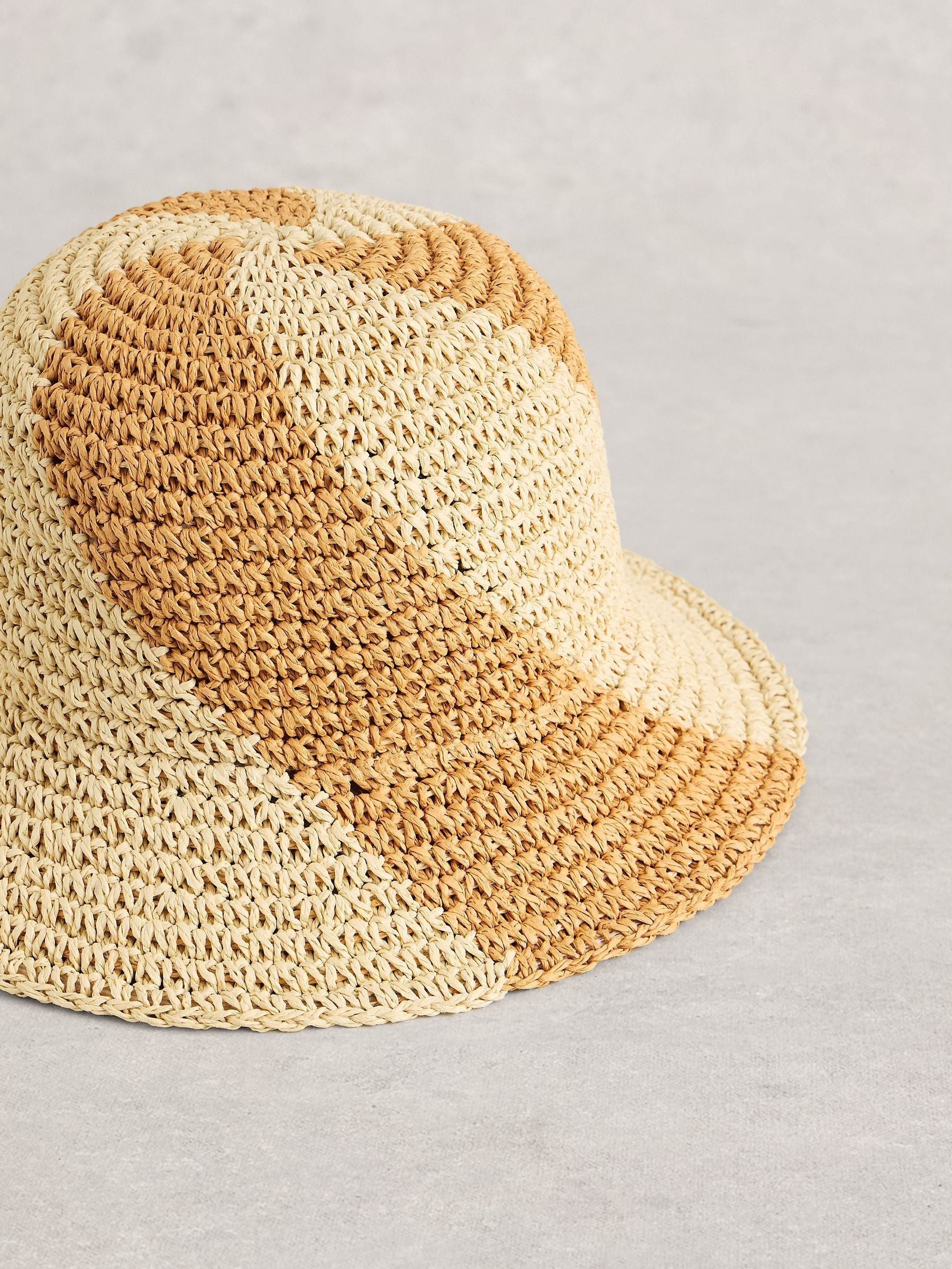 White Stuff Natural Crochet Swirl Bucket Hat, imported from the UK