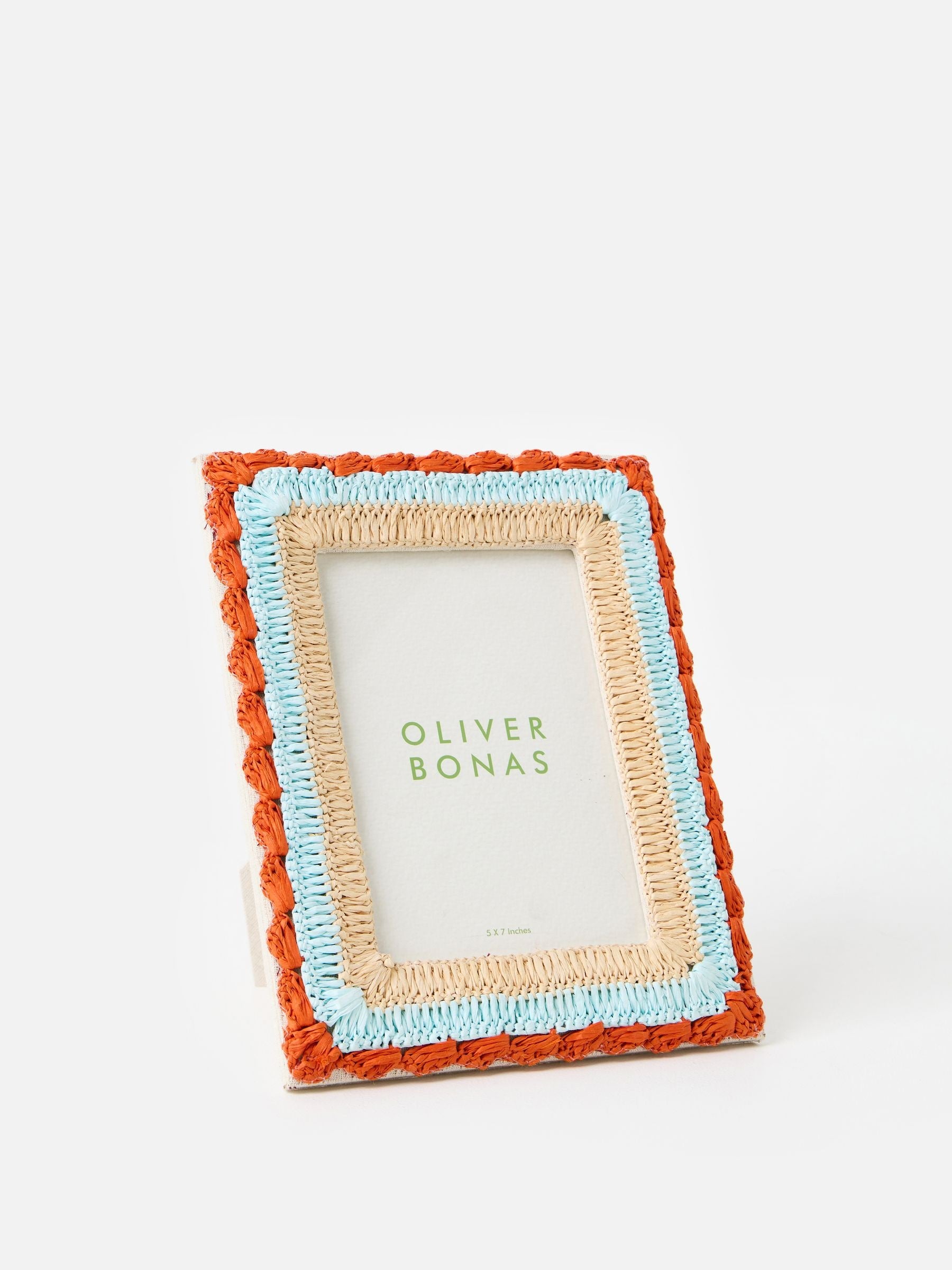 Oliver Bonas raffia photo frame red burnt orange blue 5x7, UK version