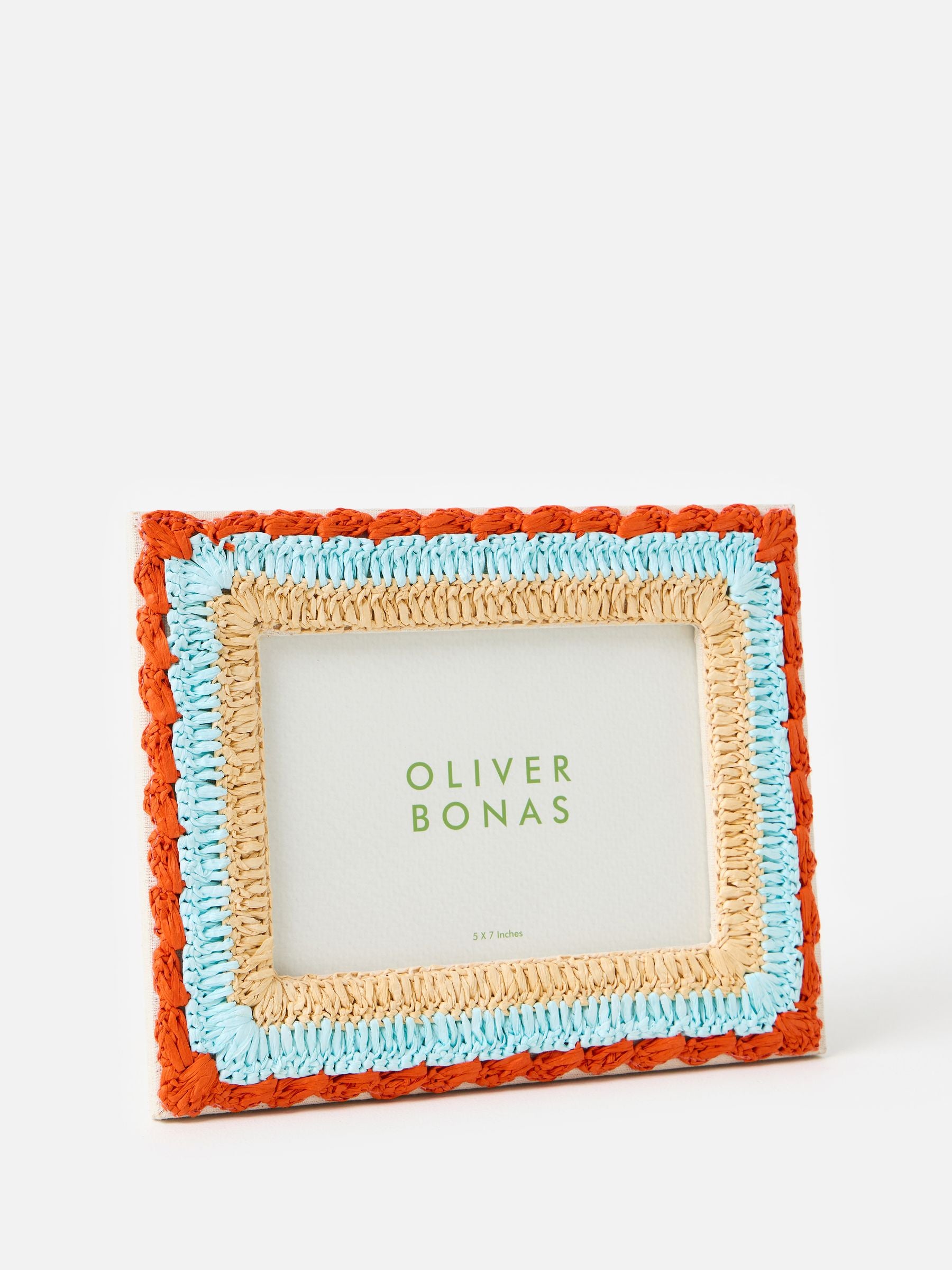 Oliver Bonas raffia photo frame red burnt orange blue 5x7, UK version