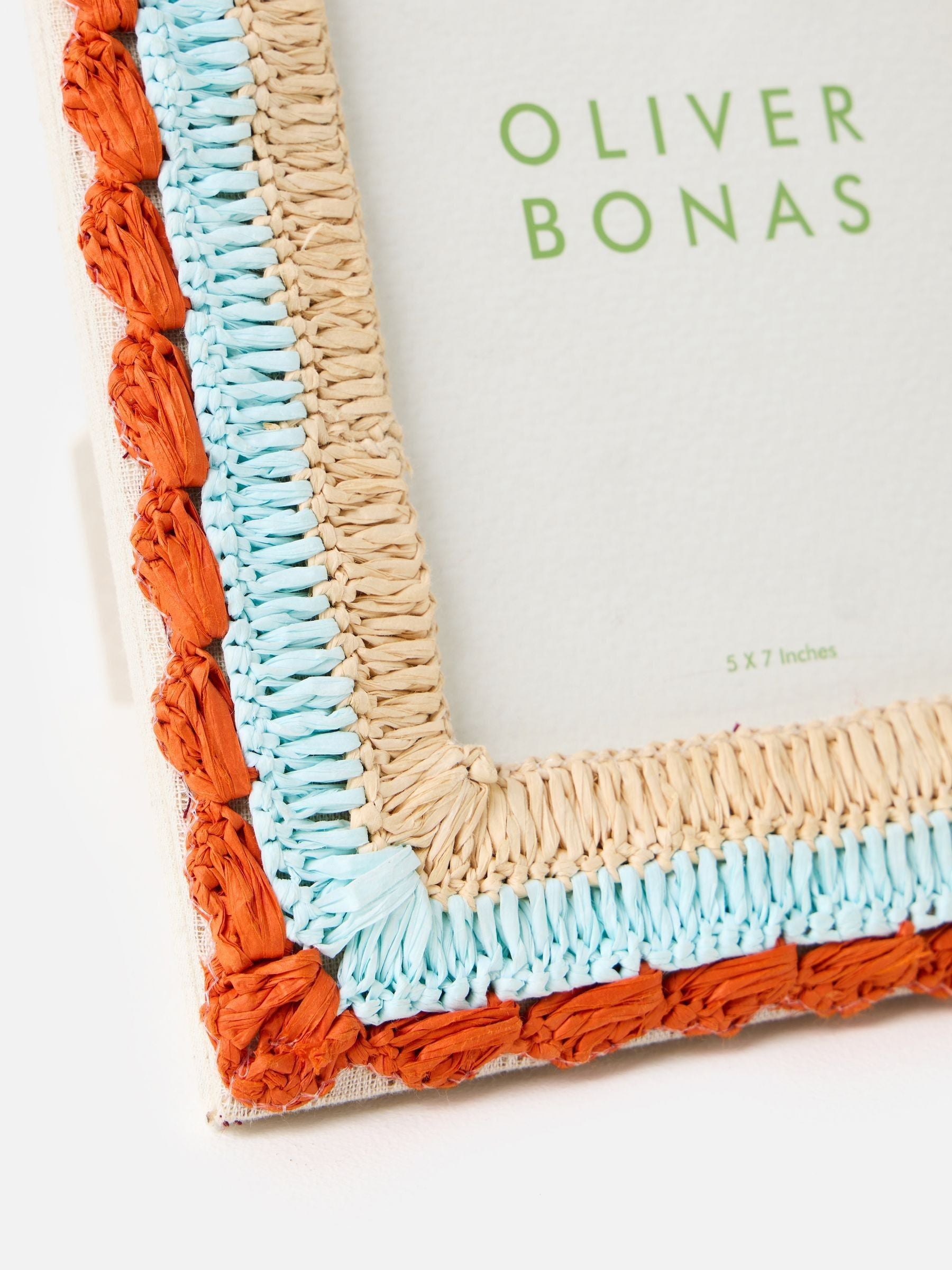 Oliver Bonas raffia photo frame red burnt orange blue 5x7, UK version