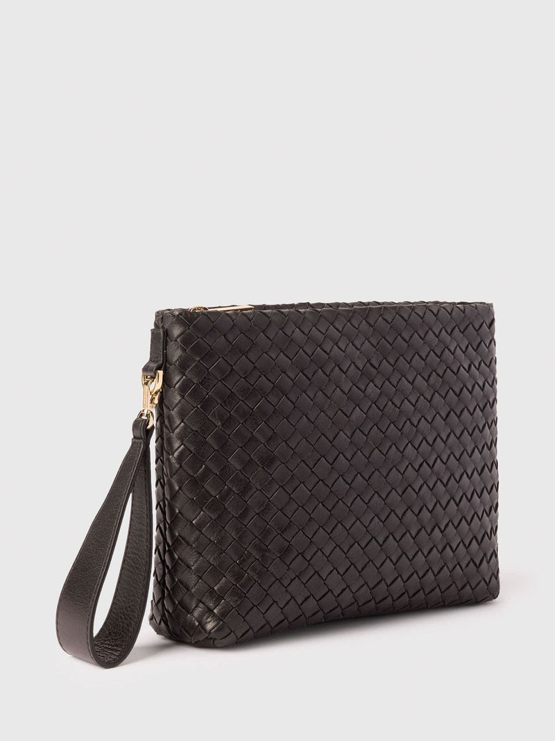 Whistles Black Avah woven suede zip clutch - British product