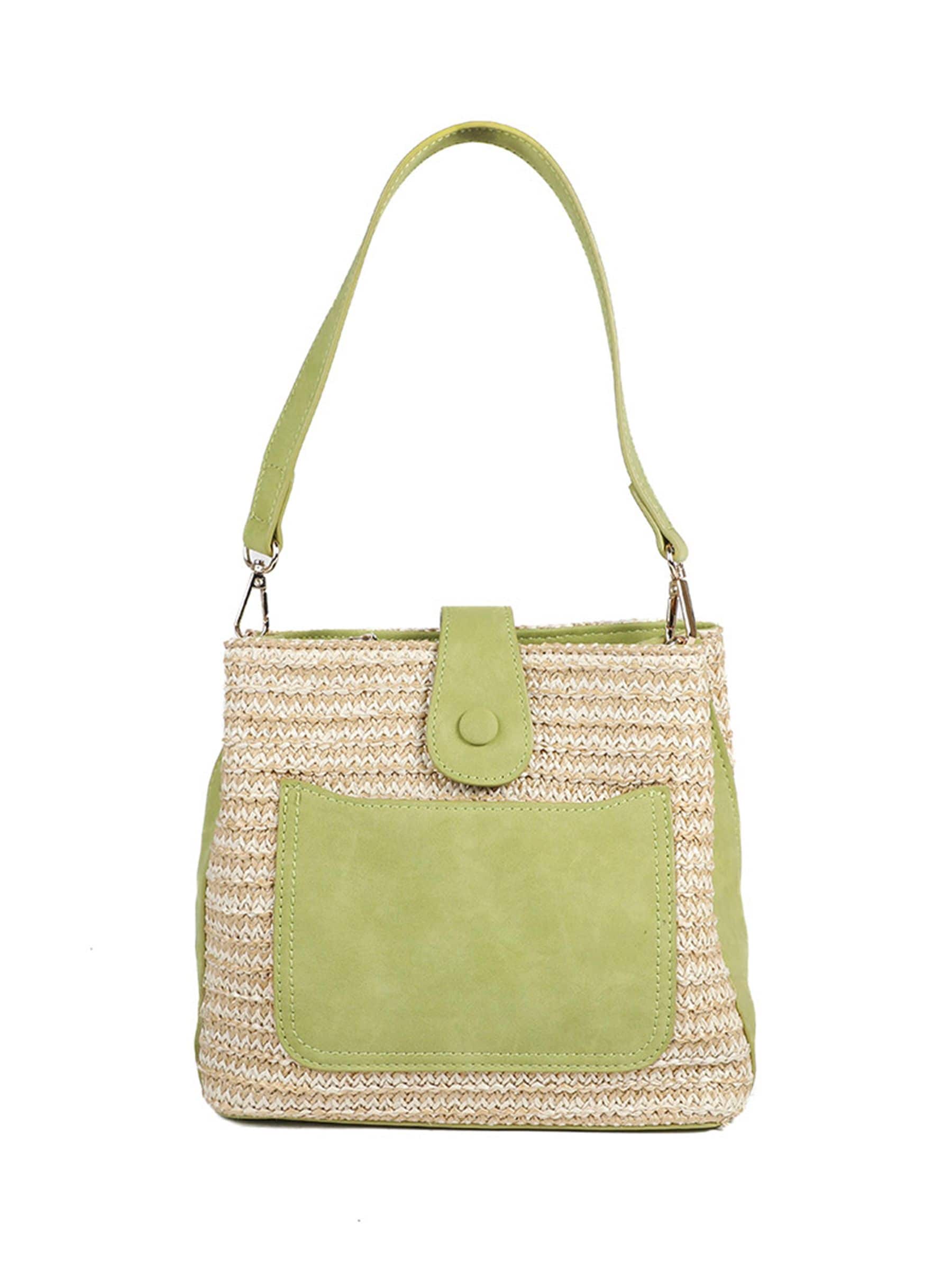 Pavers Green Woven Shoulder Bag with Faux Leather Trim
