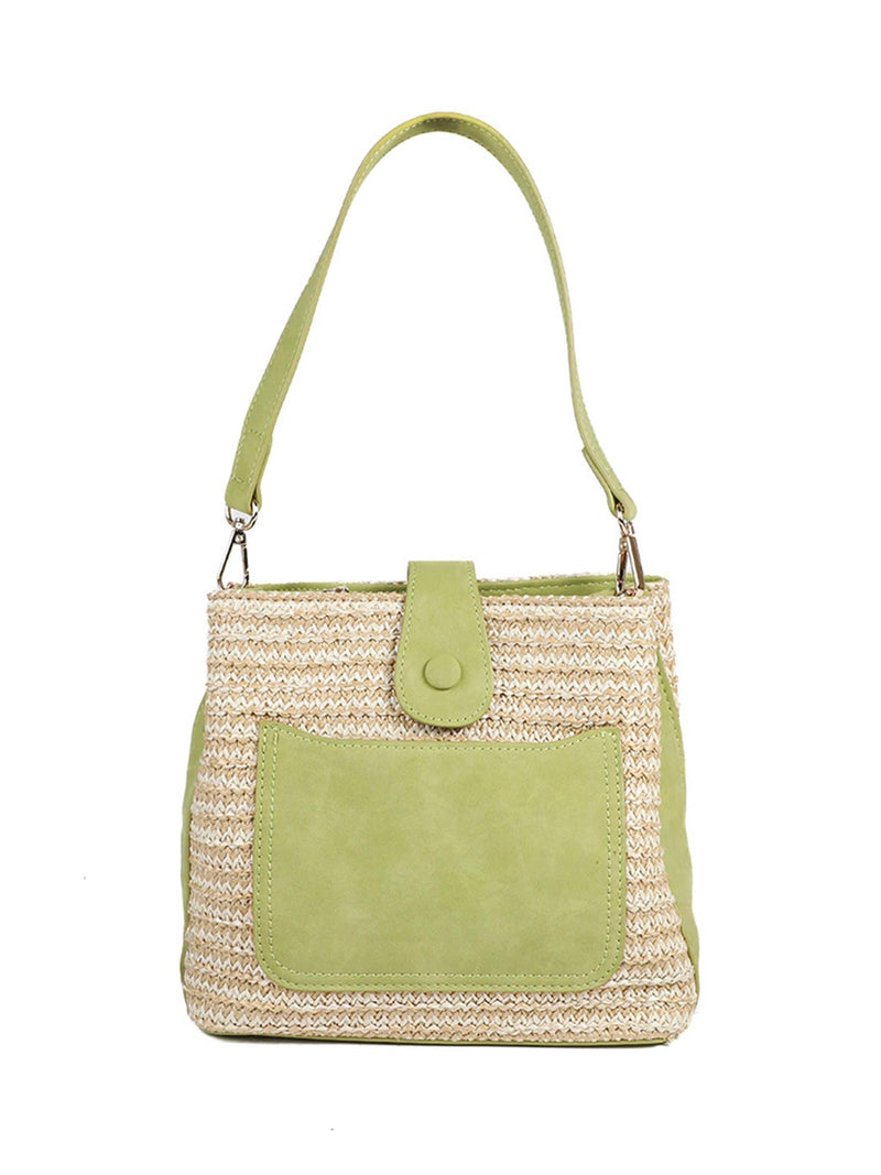Pavers Green Woven Shoulder Bag with Faux Leather Trim
