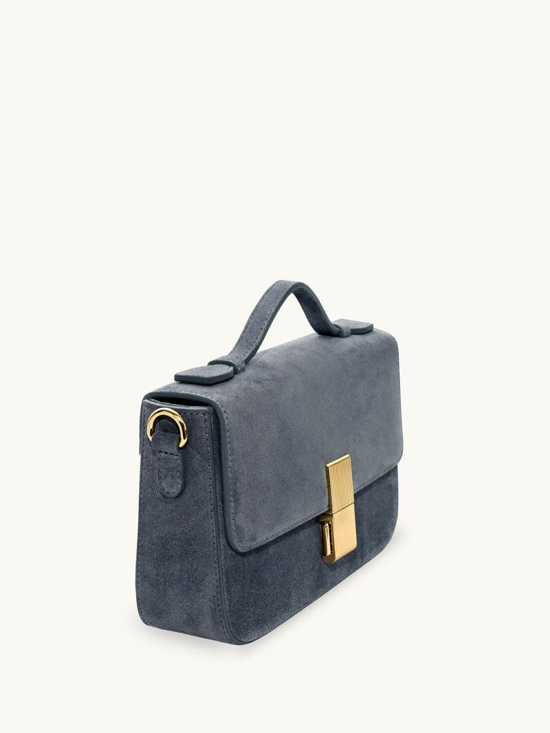 Apatchy Flora suede top handle bag denim blue, imported from the UK