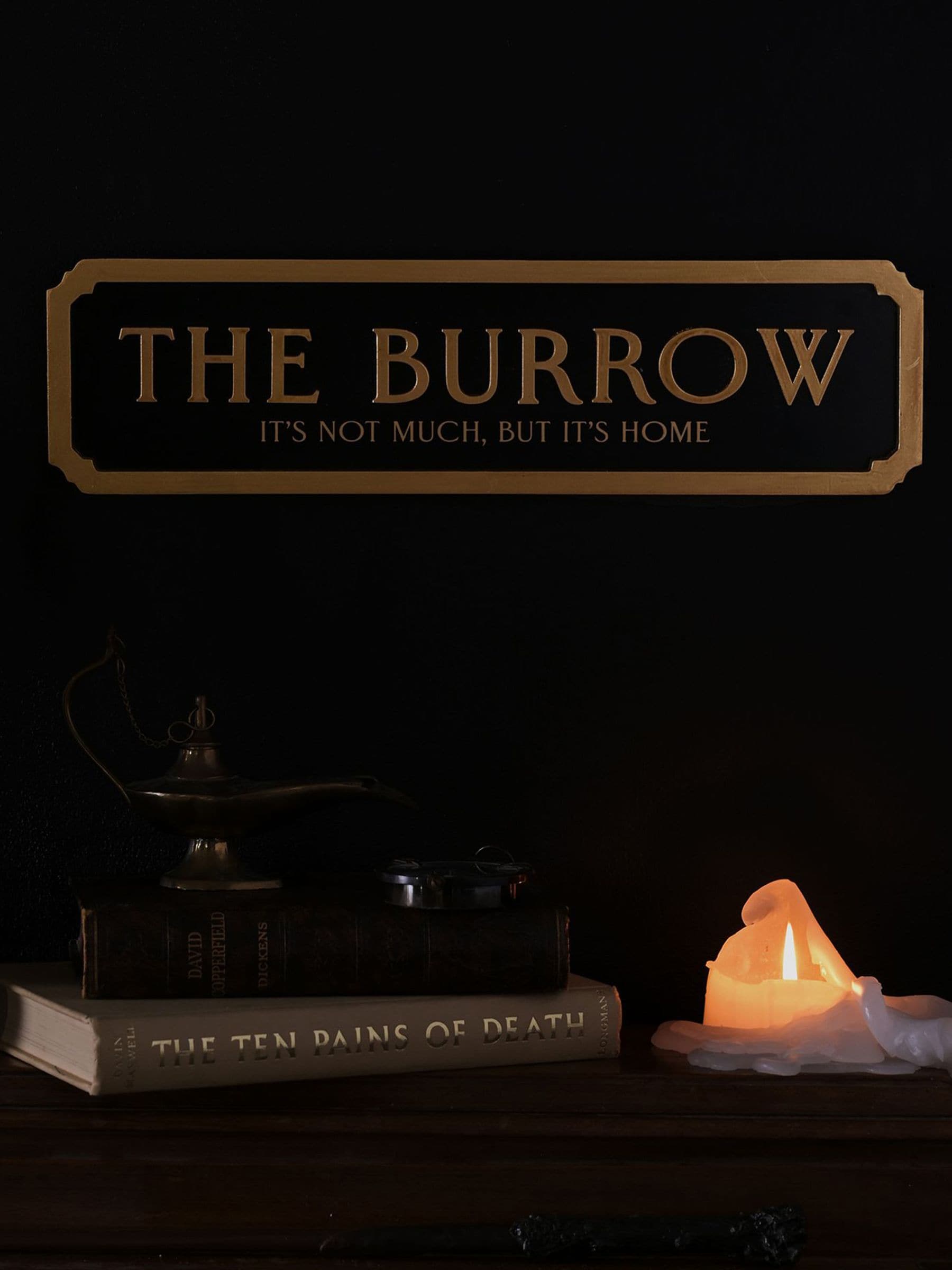 Harry Potter The Burrow wall sign black with gold lettering, imported from the UK