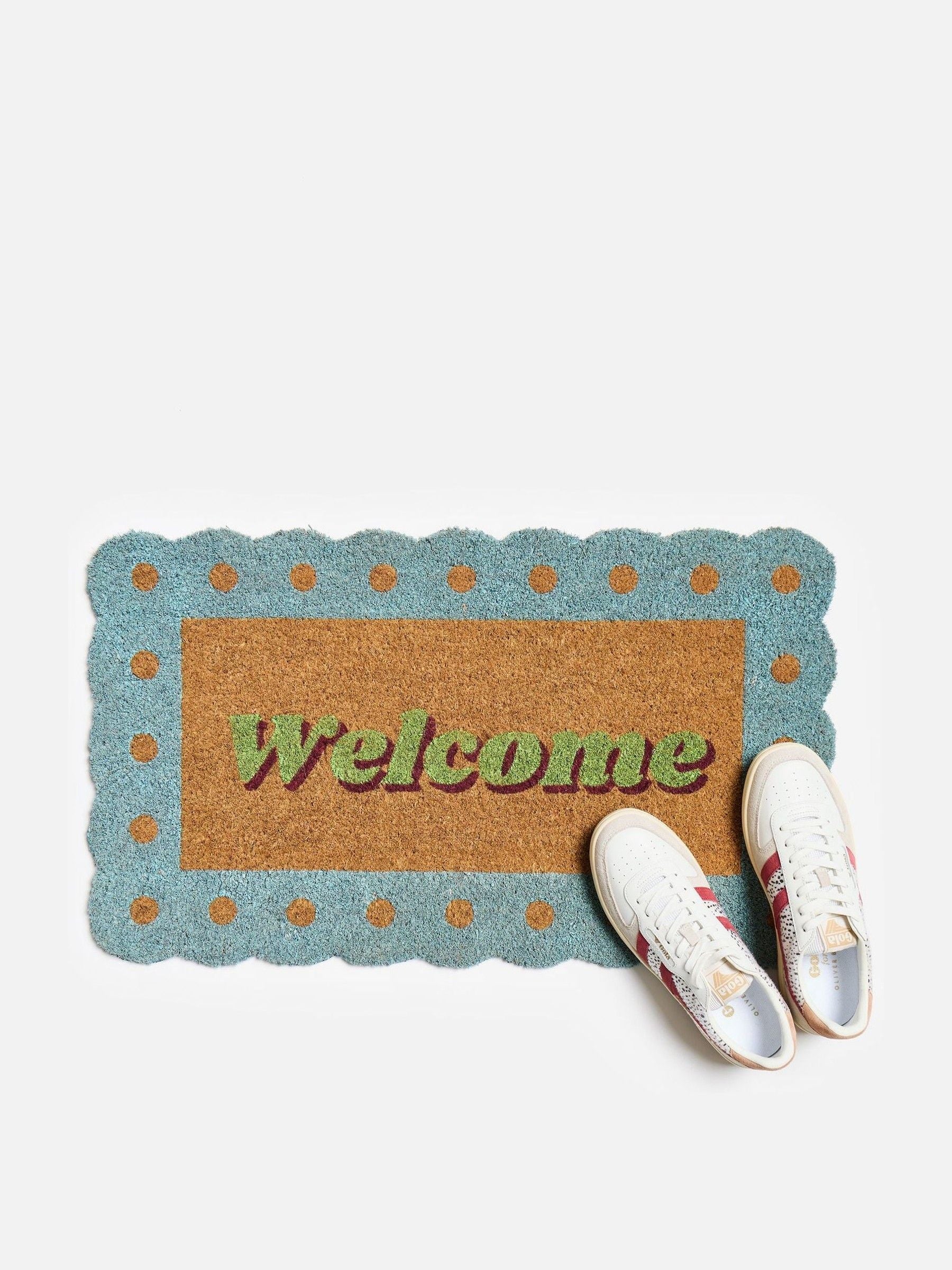 Oliver Bonas blue scalloped welcome doormat 43x73cm, imported from the UK