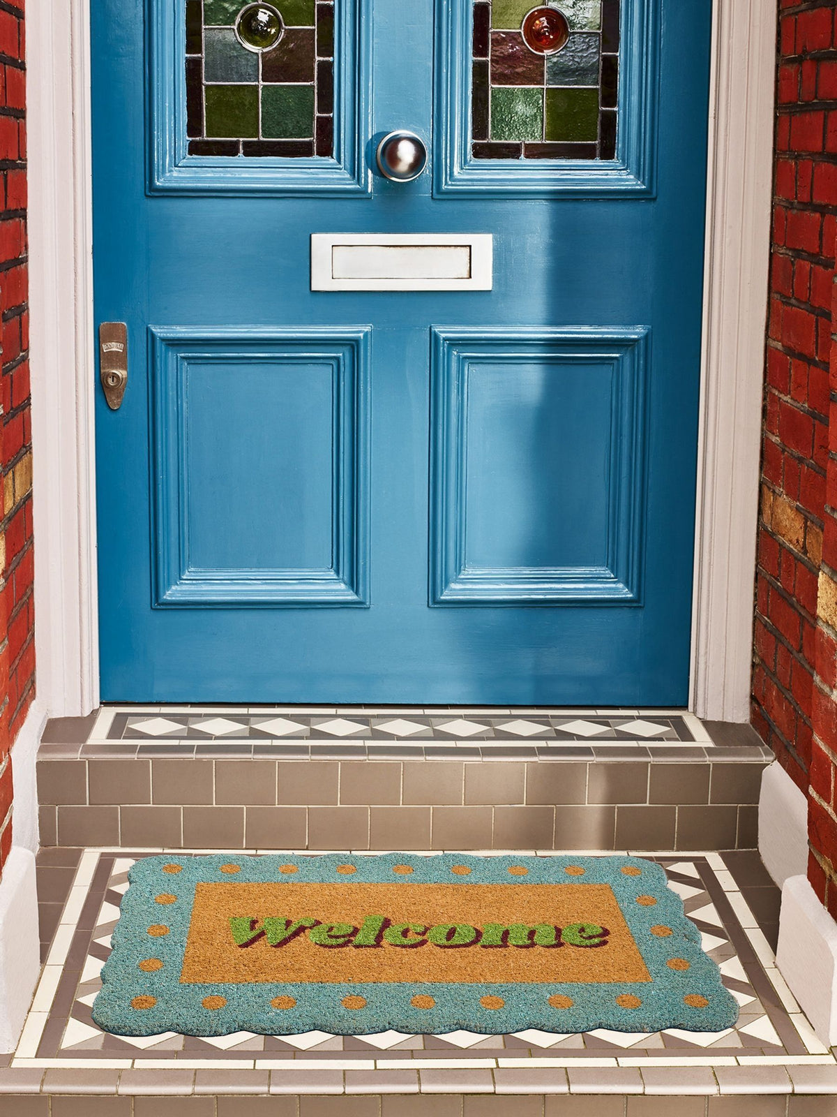 Oliver Bonas blue scalloped welcome doormat 43x73cm, imported from the UK