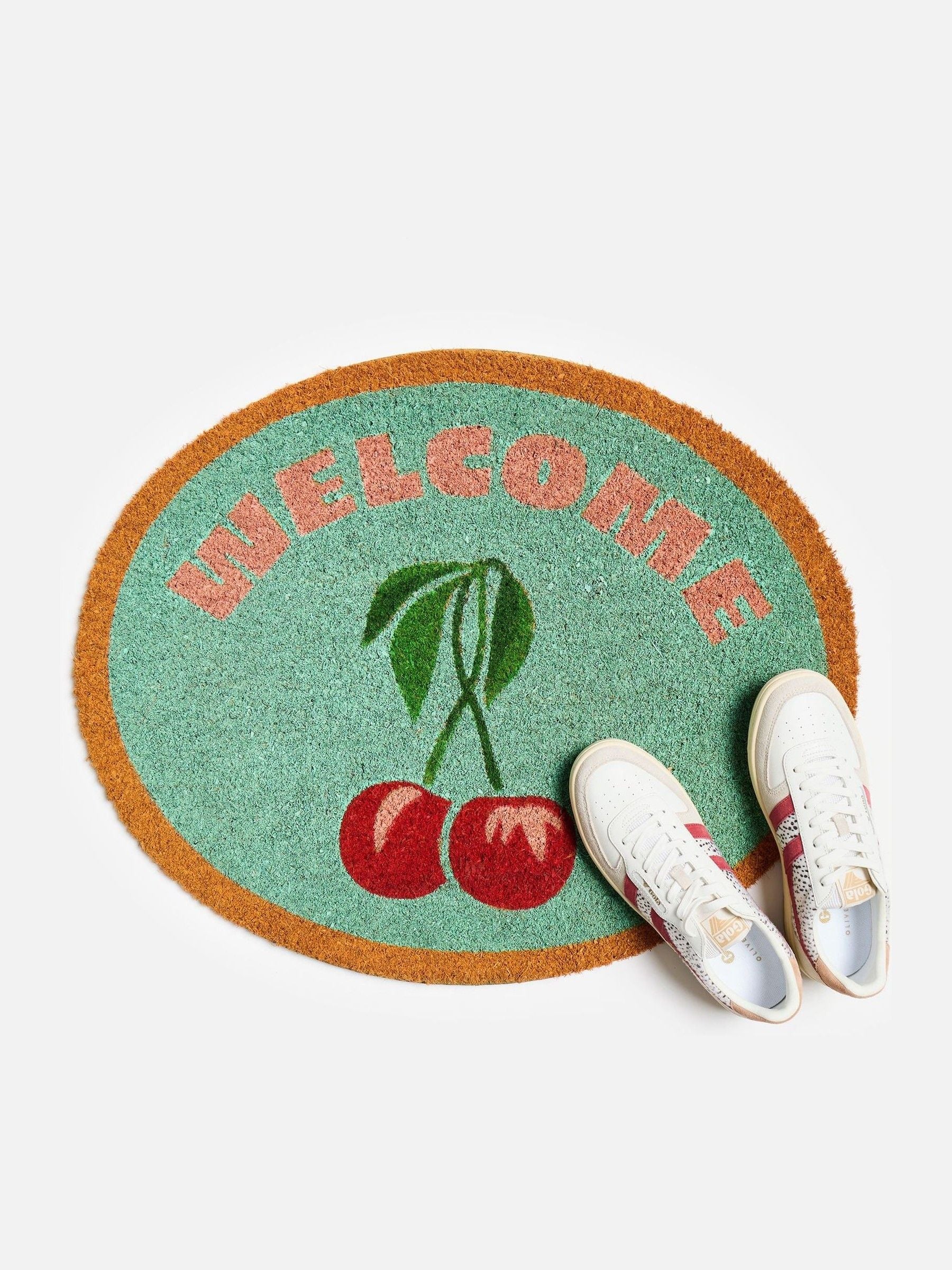 Oliver Bonas green welcome cherries doormat 57x70cm (British brand)