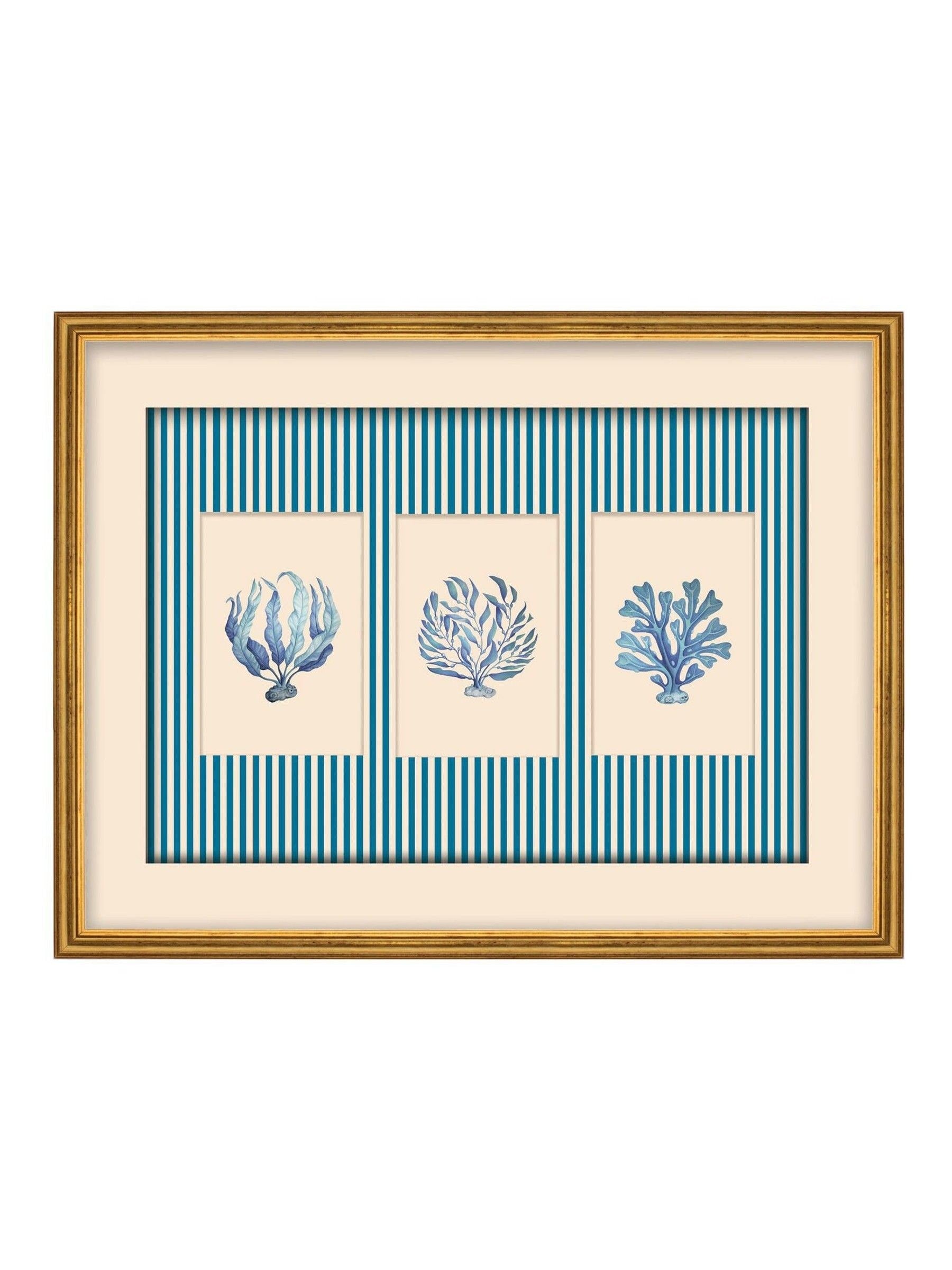 Brookpace Lascelles sealife trio framed print with blue stripes, imported from the UK