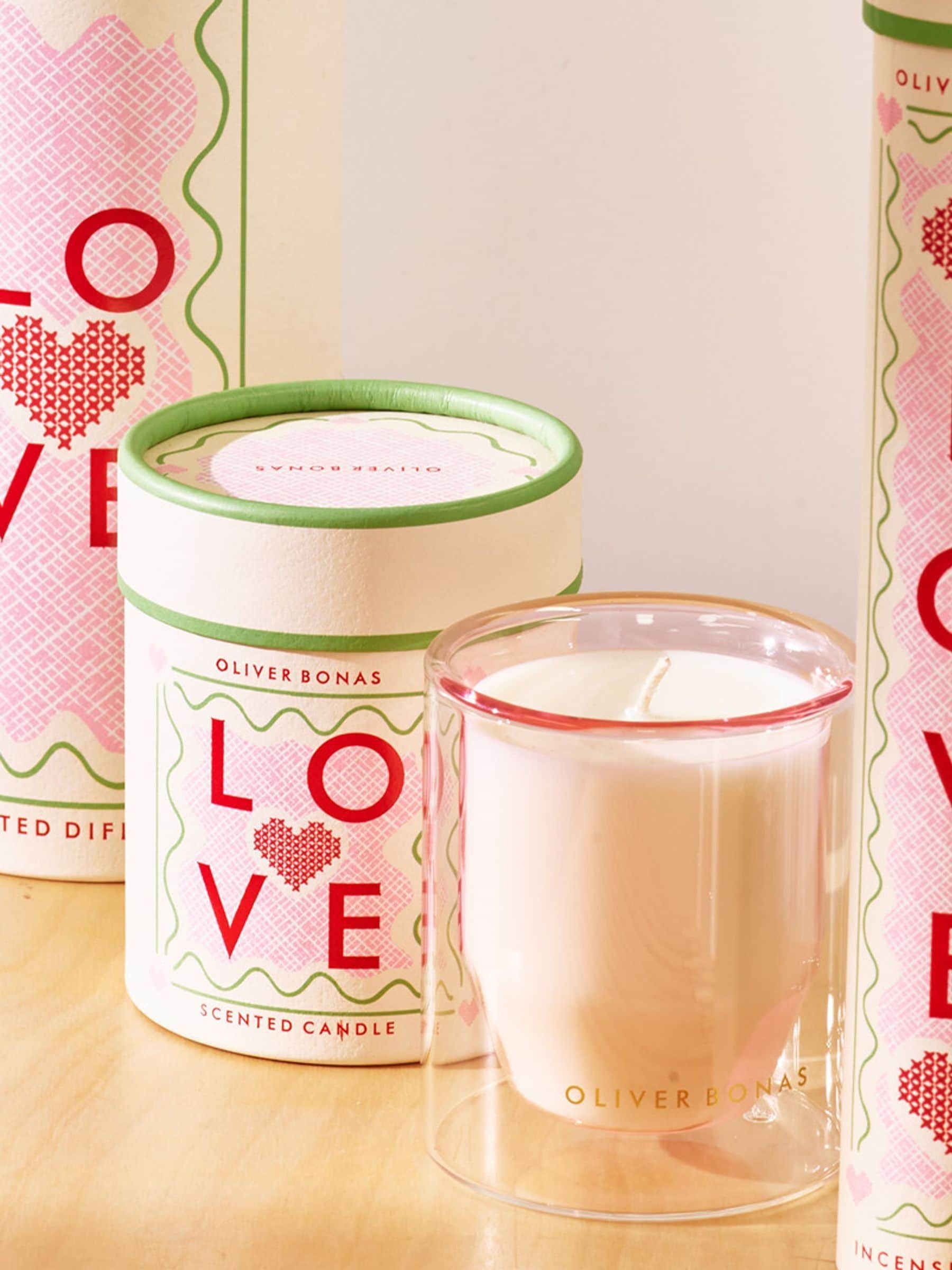 Oliver Bonas Pink Love scented candle in pink glass - British product