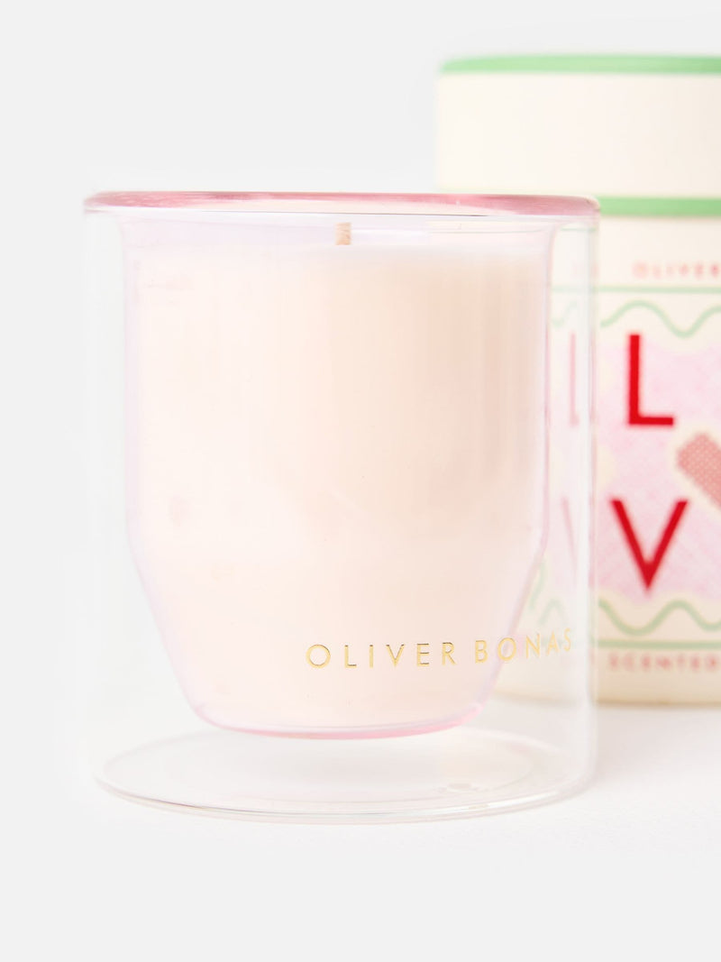 Oliver Bonas Pink Love scented candle in pink glass - British product